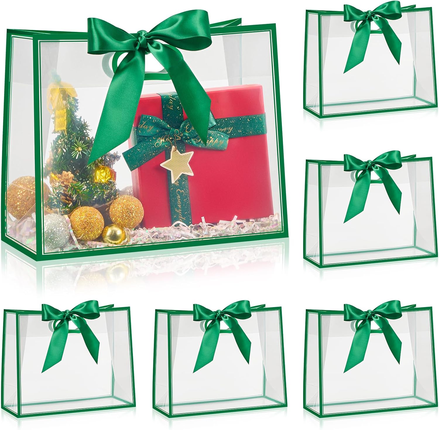 Ohuimrt 12" Clear Plastic Gift Bags with Handles, 12 Pack, Green