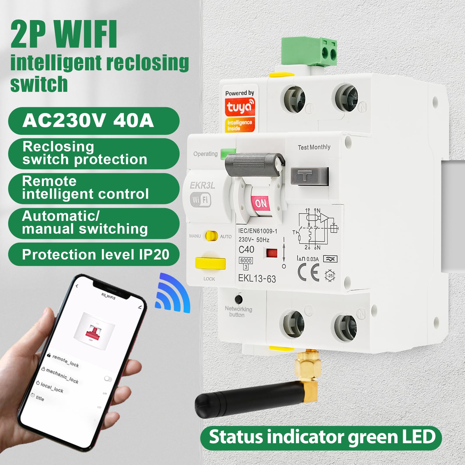 Disjoncteur différentiel 40A WiFi Réarmement automatique Disjoncteur différentiel intelligent 220V 2P Protection contre les fuites Contrôle TUYA Réactivation en mode automatique.