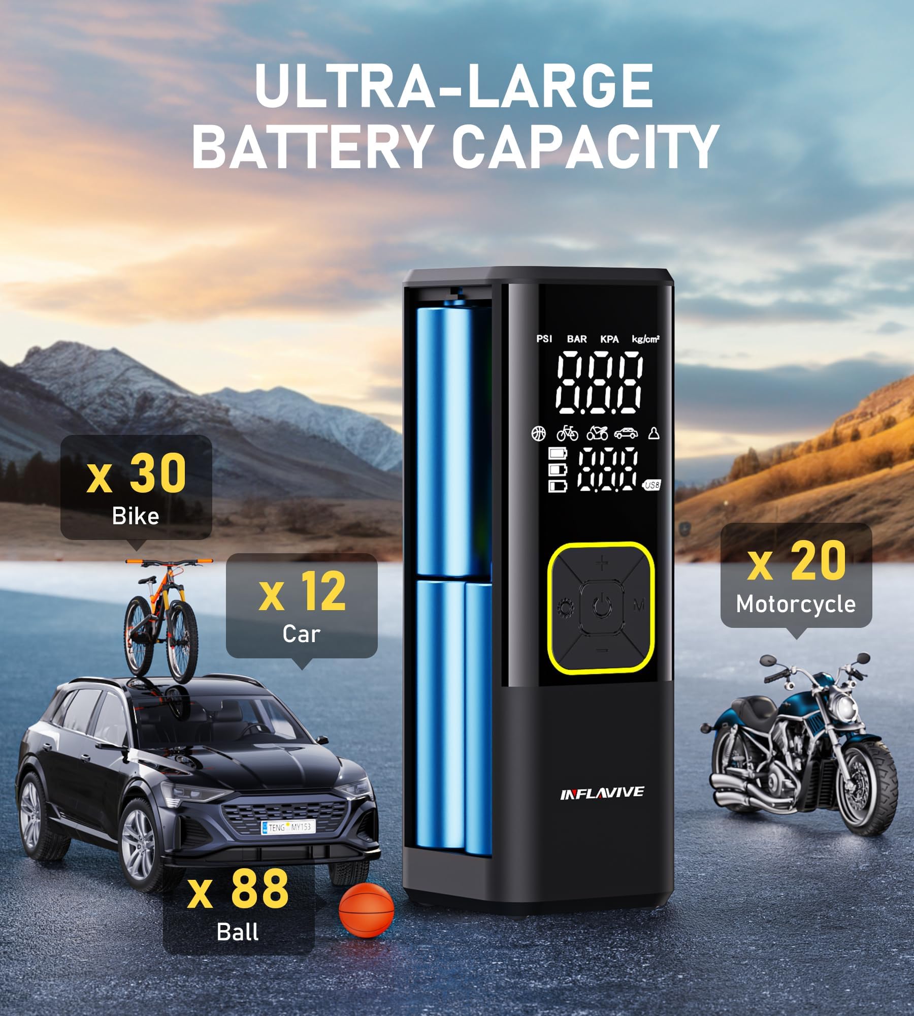 Tire Inflator Portable Air Compressor, 150 PSI Cordless Air Pump for Car Tires with Digital Pressure Gauge, 3X Faster Tire Pump for Cars, Motorcycle, Bicycle, Balls with LED Light, Auto Shut-Off