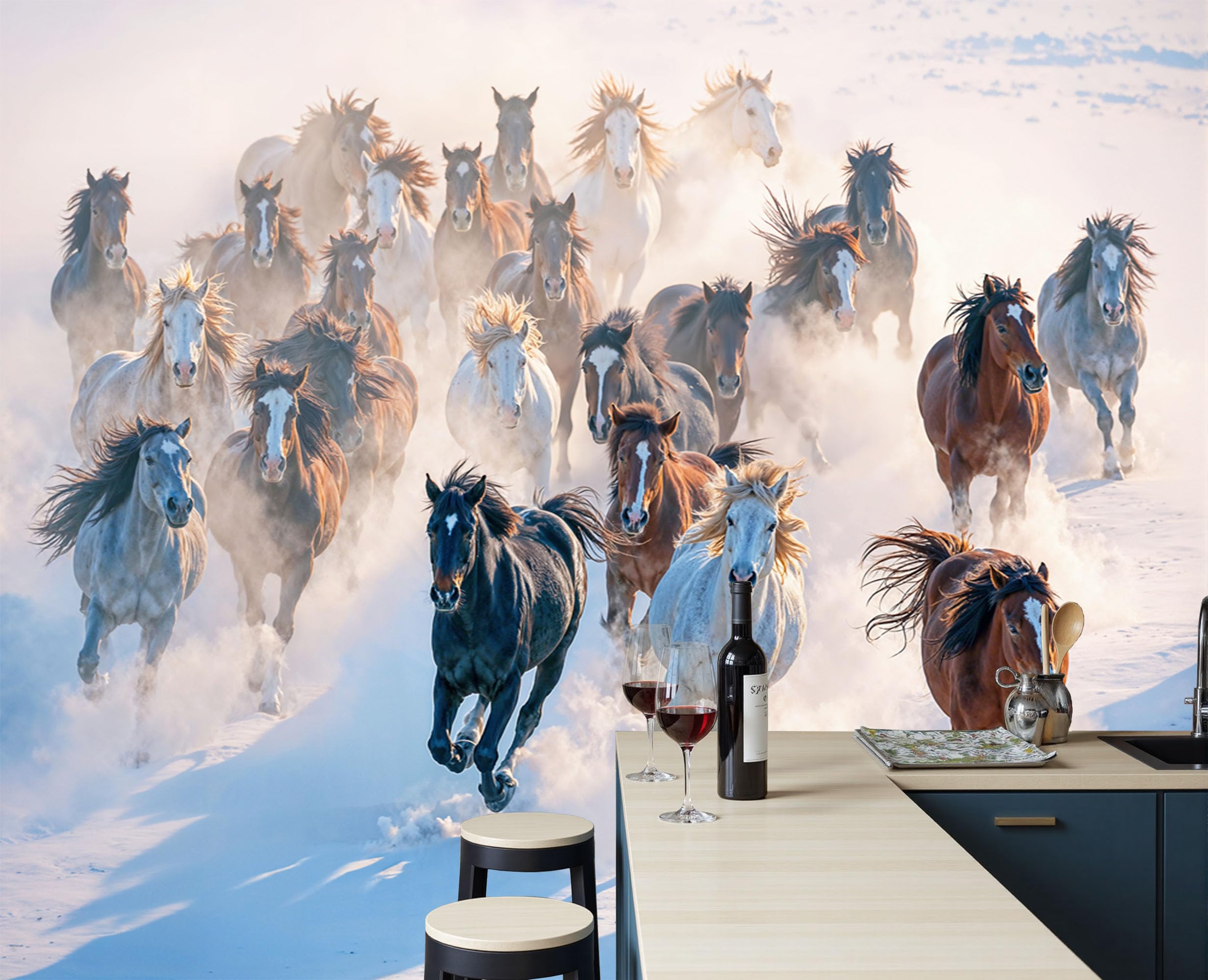 Papier peint paysage enneigé chevaux fresque murale liberté