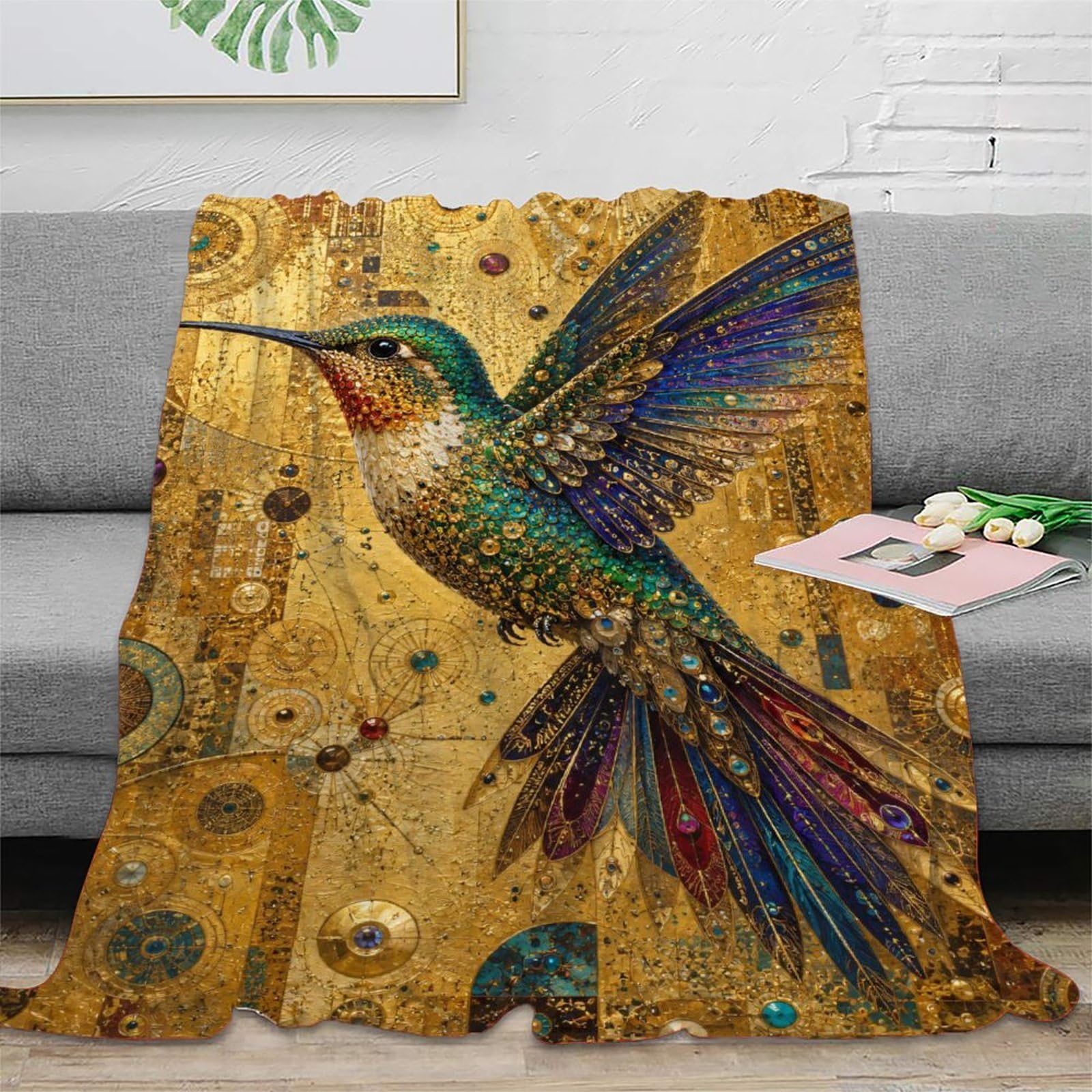 H3B8U2Y5 Golden Hummingbird Collage Throw Blanket, Ornamental Bird, Camping
