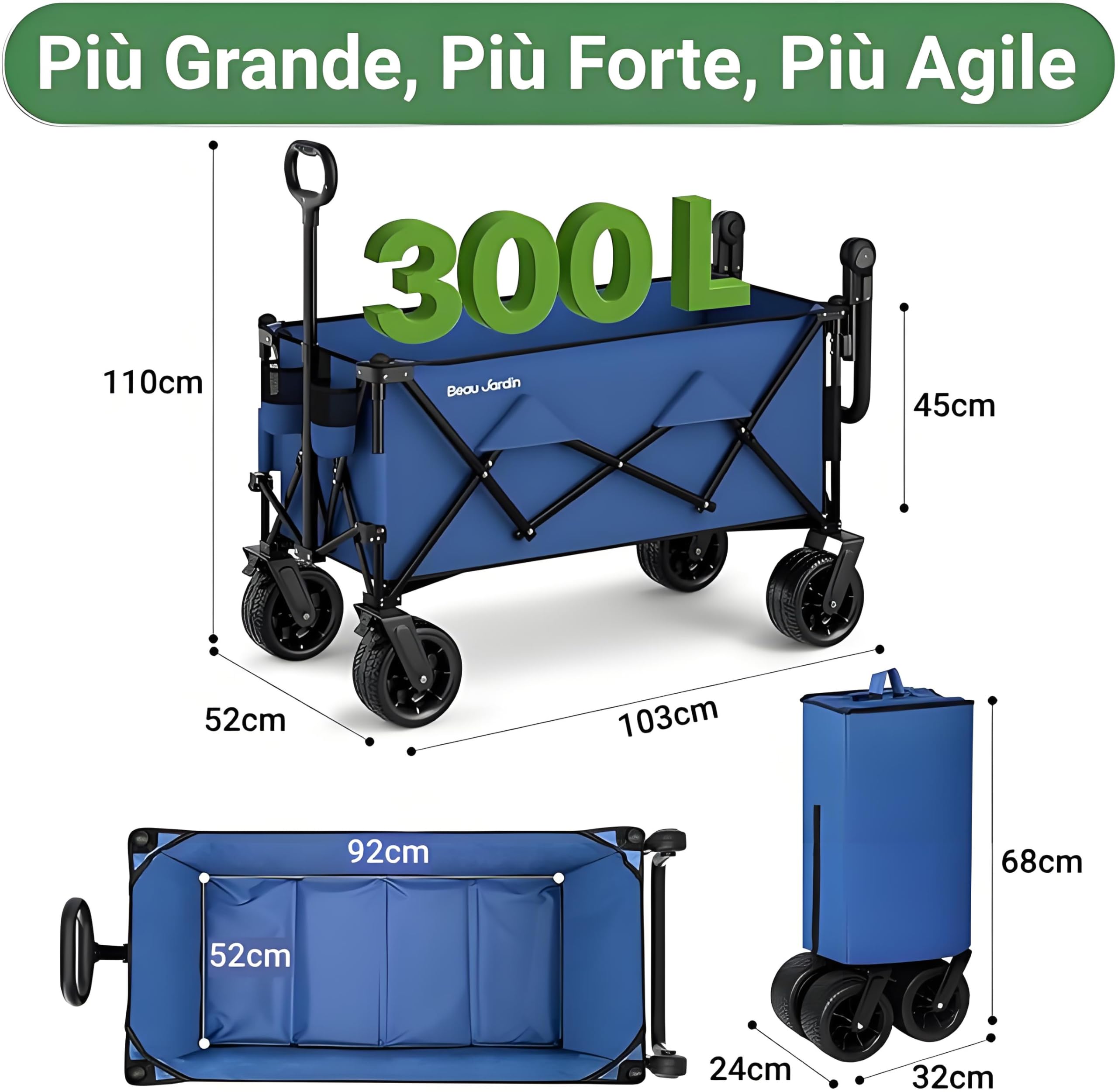 BEAU JARDIN Carrello Pieghevole Giardino Tela Vagoni Carrello da Trasporto con 4 Ruote e Freni in Acciaio Carrello Rimorchio a Mano da Trasporto Carico Massimo 100KG Blu Scuro