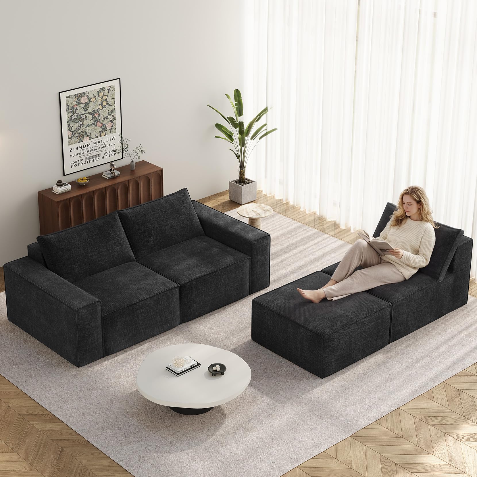 Vesgantti 114" L Shaped Boneless Couch, Deep Seat Sectional Sofa, Black | Oversized 3 Seater Modular Couch with Ottoman, Cloud Sofa for Living Room, No Assembly Required, Free Combination, Chenille