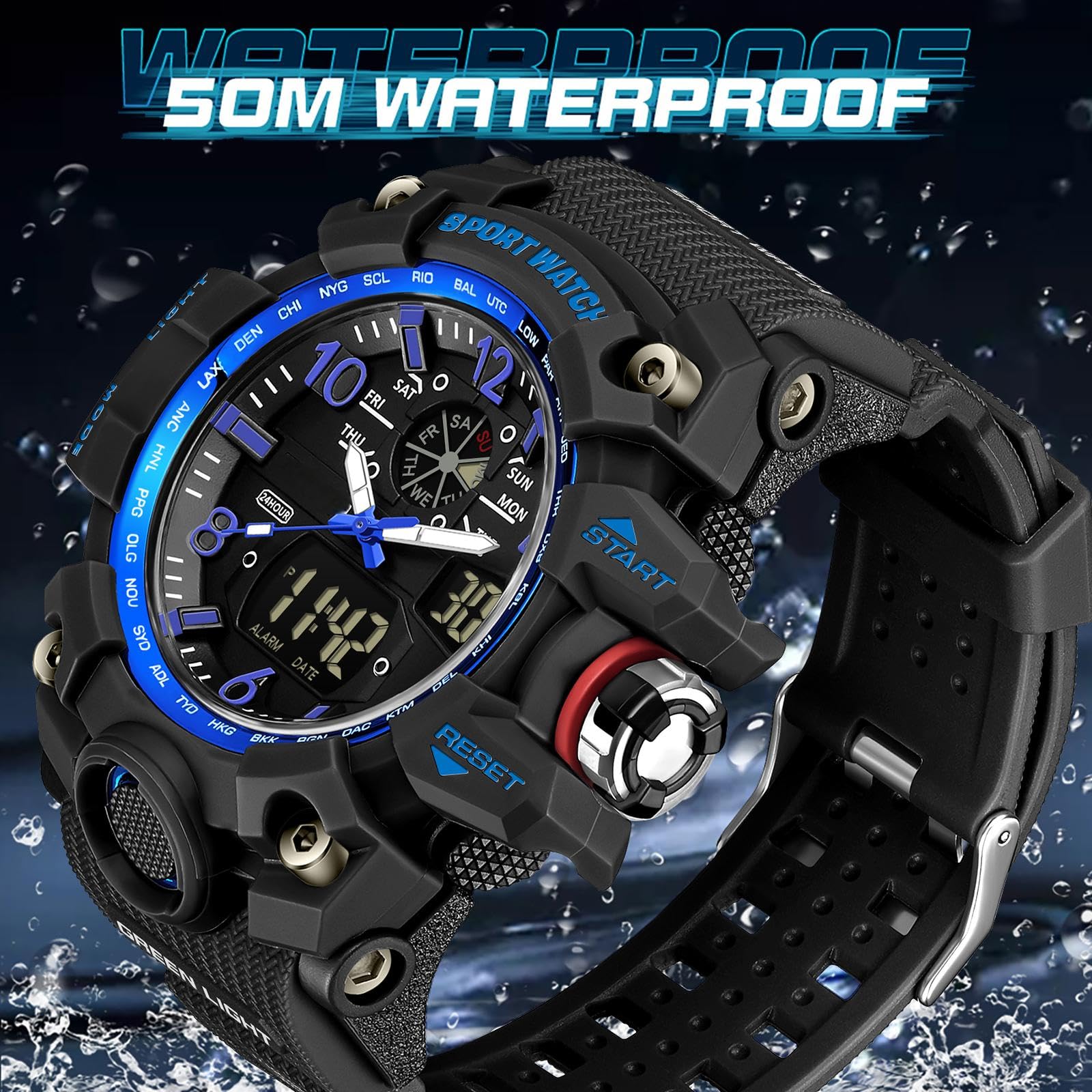 findtime Orologio militare, da uomo, digitale, sportivo, blu, verde, nero, orologio digitale, cronografo, da uomo, 5 ATM, impermeabile, militare, orologio tattico, per attività all'aperto, cronometro,