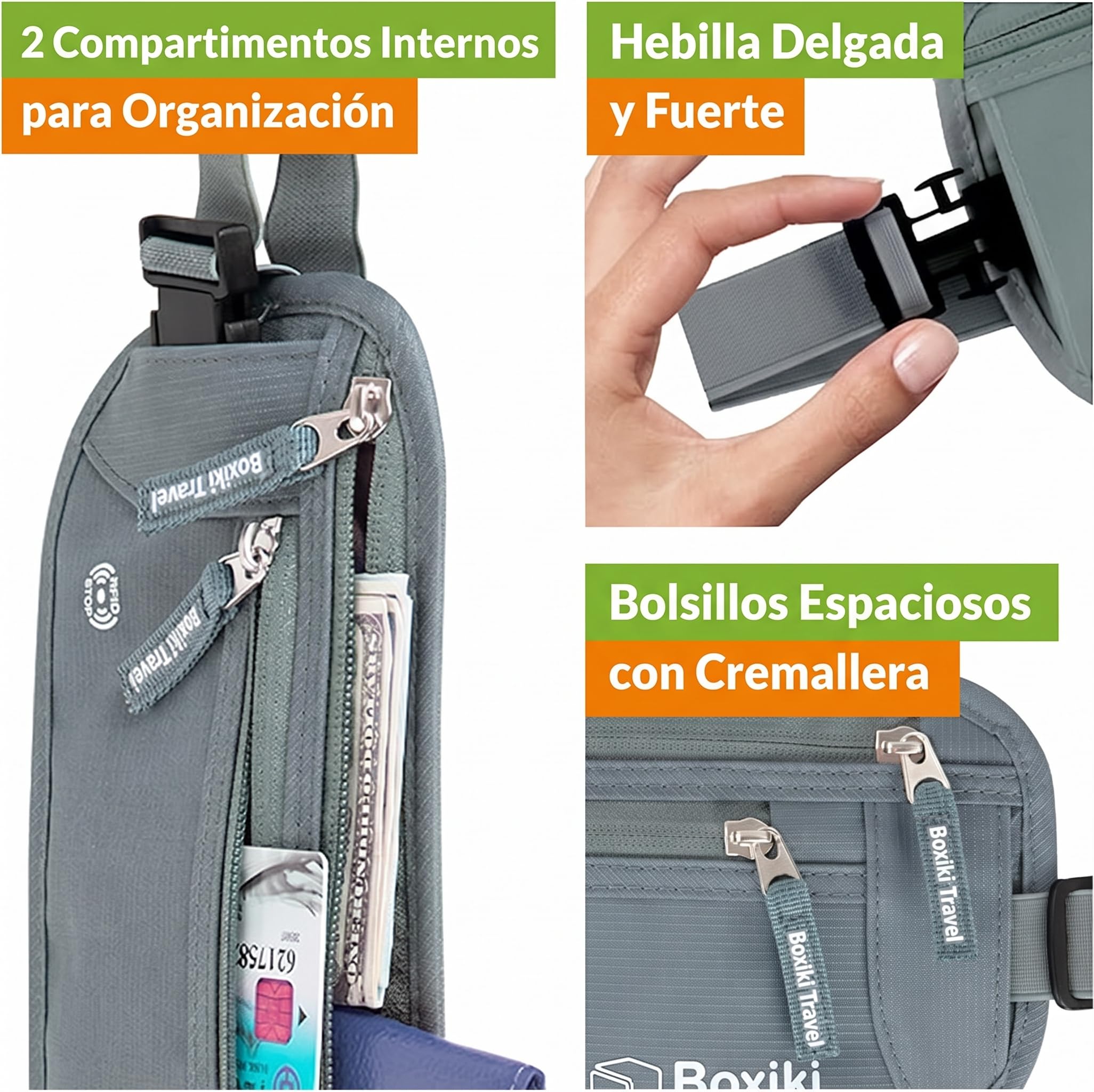 Boxiki Travel Hidden Money Belt para Hombres y Mujeres - Cinturón de Cintura con Bloqueo RFID para Pasaporte, Billetera y Teléfono - Seguro para Viajar