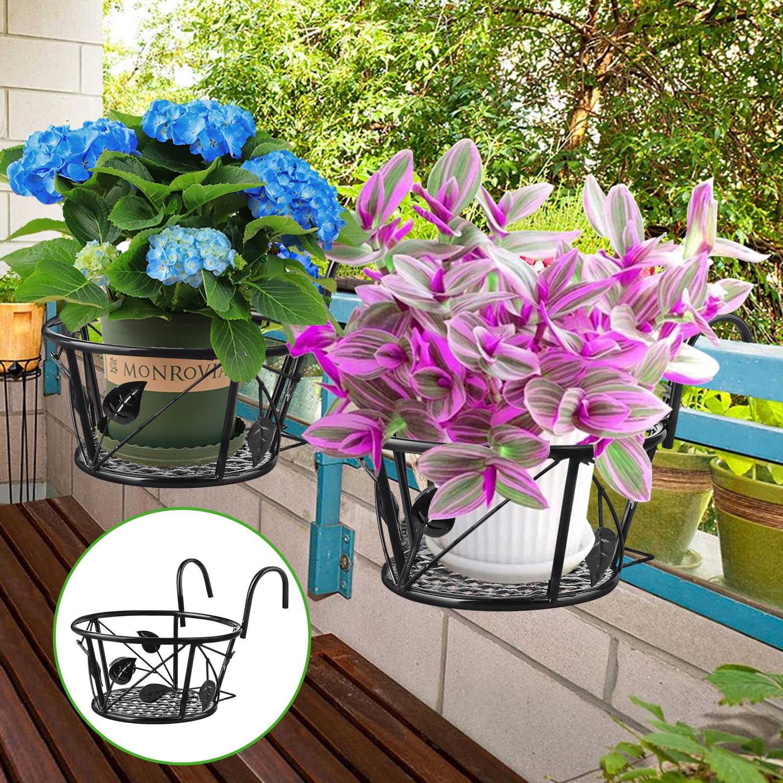 3 Pcs Supporto per Vasi da Fiori, Portafiori da Appendere Cestini in Ferro Artistici Portavasi da Balcone, Veranda Recinzione Patio Interni Esterni