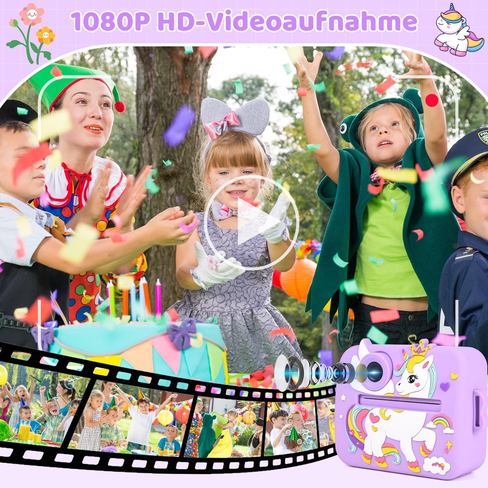 GuKKK 1080p aparat dziecięcy, aparat cyfrowy z ekranem 2,4", dla dzieci, z kartą 32 GB, 13 rolek papieru do drukowania, 5 kolorowych długopisów, prezent (Fioletowy)