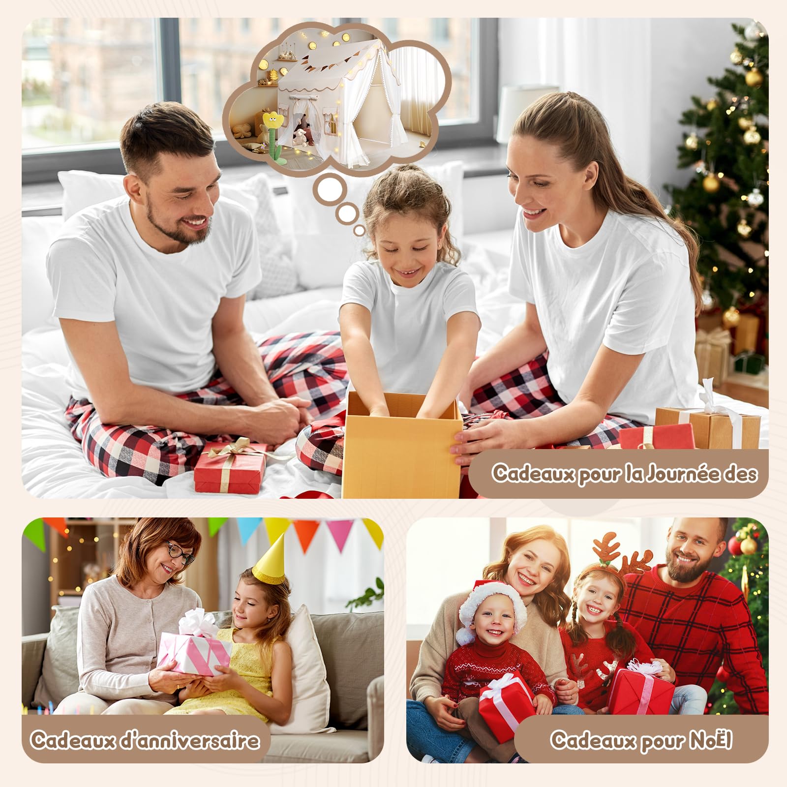 JONRRYIN Tente Enfant Interieur, Cabane Enfant avec 2 Entrées, Lumières et Drapeaux, Tapis de Sol, Tente de Lit Enfant, Tente de Jeux Enfant Cadeau pour Filles Garçons 120x100x127 CM