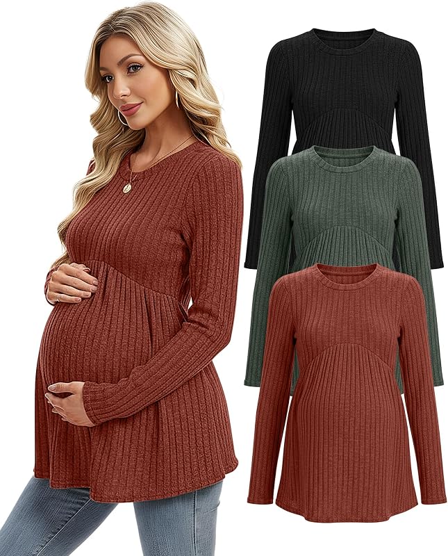 Cutecrop 3 Pack Women's Maternity Shirts Ribbed Long Sleeve Pregnancy Tops Crew Neck Maternity Sweaters Pregnant Clothes