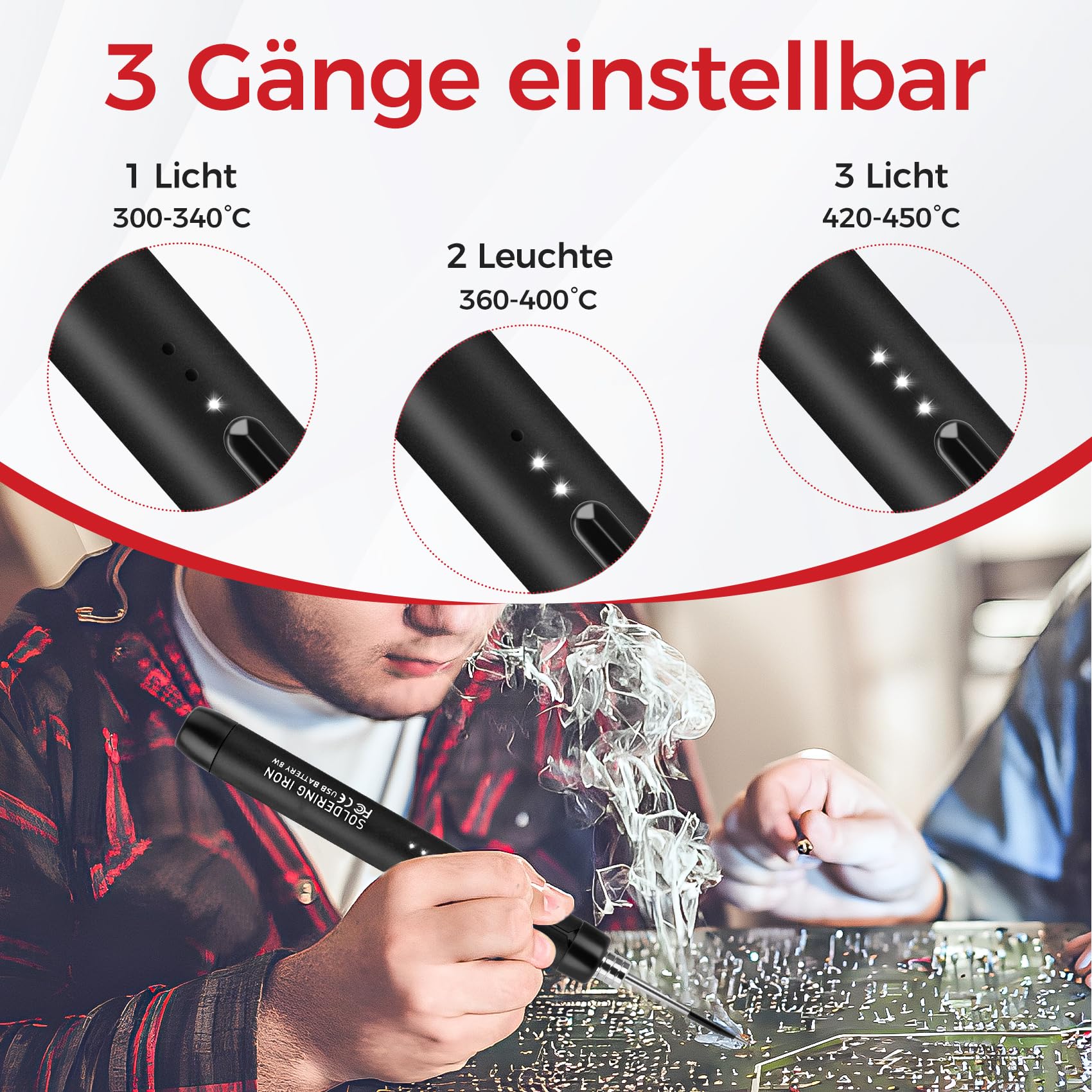 KKMOL Fer à souder sans fil USB avec 3 températures réglables 300 ℃ - 450 ℃ - Kit de soudure avec 3 embouts, support, fil et pâte