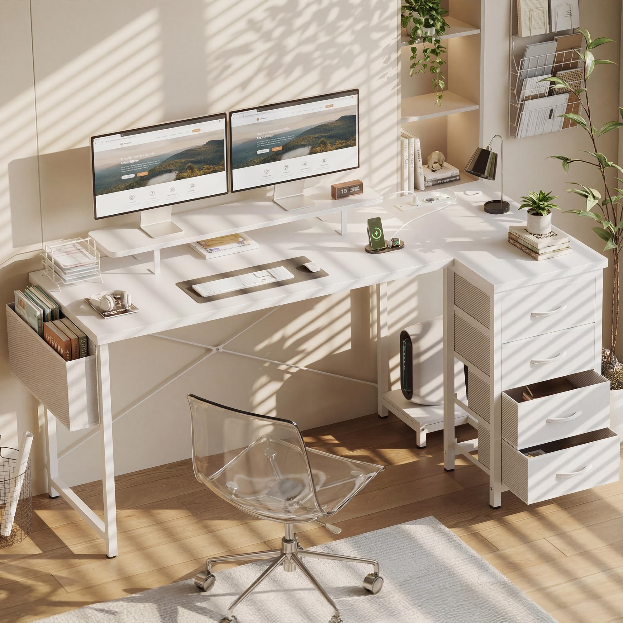 Claiks Schreibtisch L Form mit 4 Stoff Schubladen, 140x80 cm Eckschreibtisch mit USB-Ladeanschluss und Steckdose, L förmiger Schreibtisch mit Monitorablage für Büro, Weiß