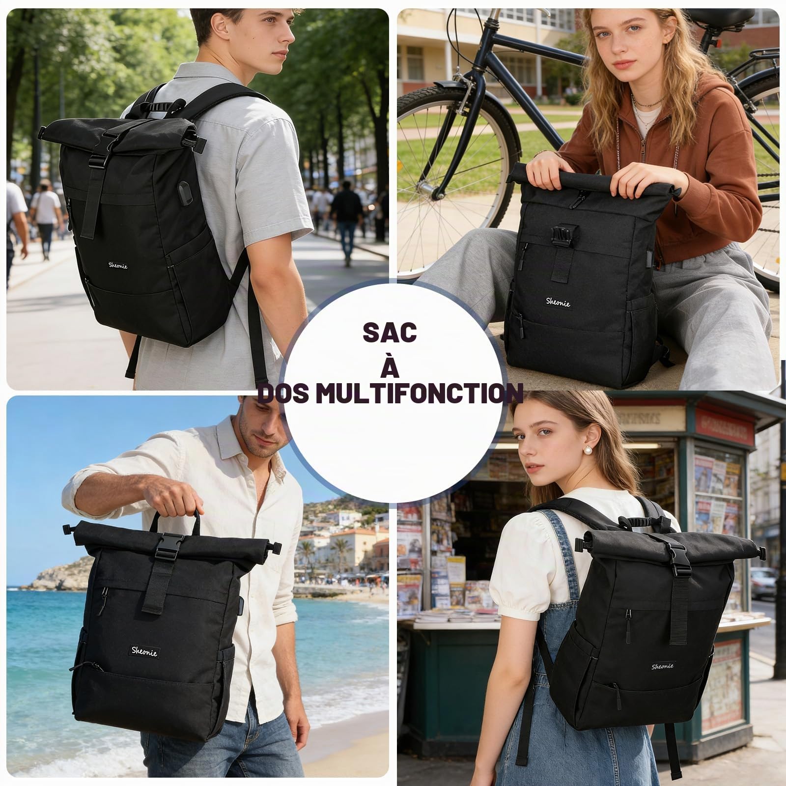 Sac à Dos Roll-Top Étanche Homme & Femmes, Sac Imperméable pour Ordinateur Portable 15,6 Pouces, Backpack Extensible pour Travail Loisirs Voyage École