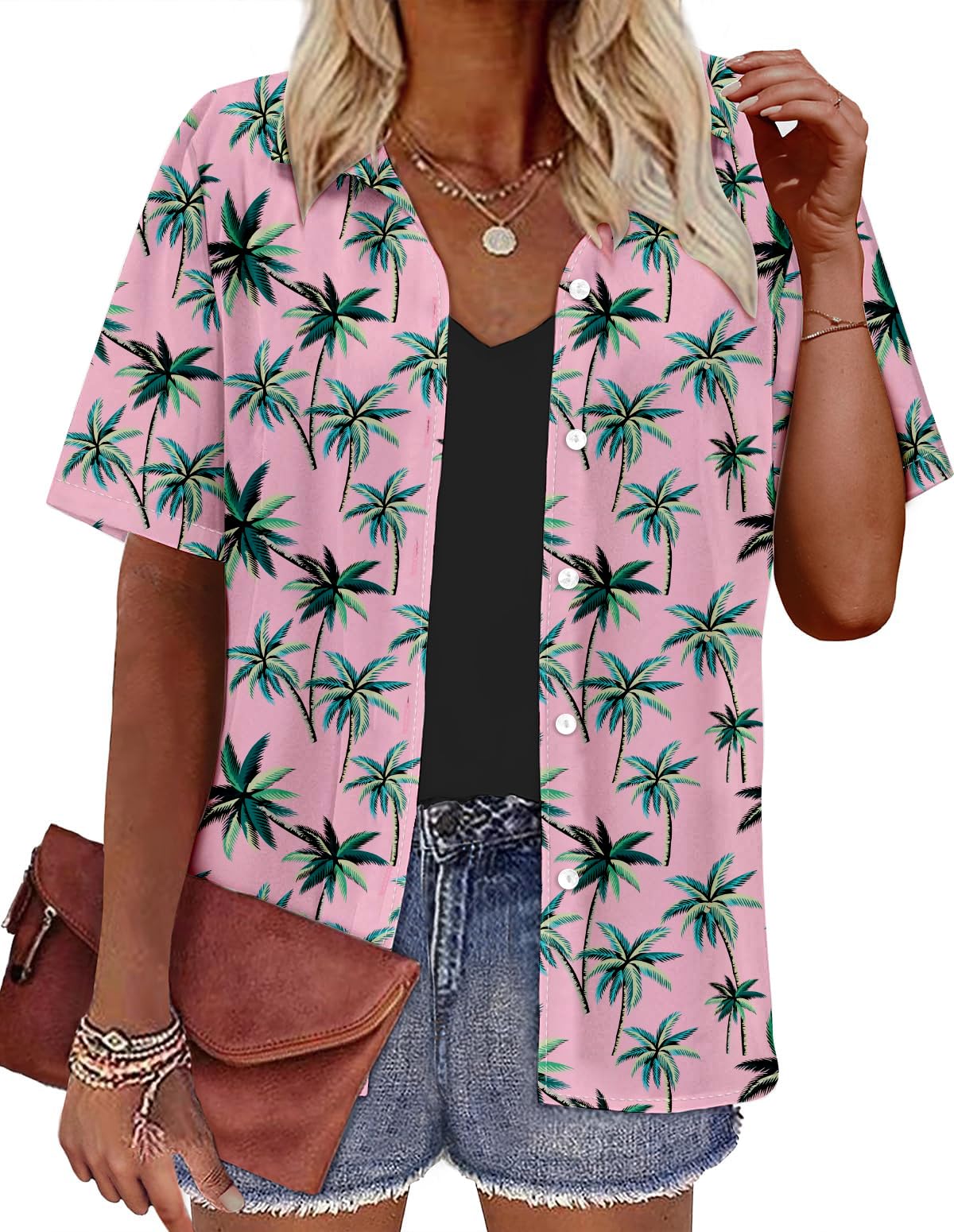 YI XIANG RANHawaiian Shirt for Women Hawaiian Floral Tropic Print T-Shirt Casual Button Down Shirts Summer Beach Holiday Tops