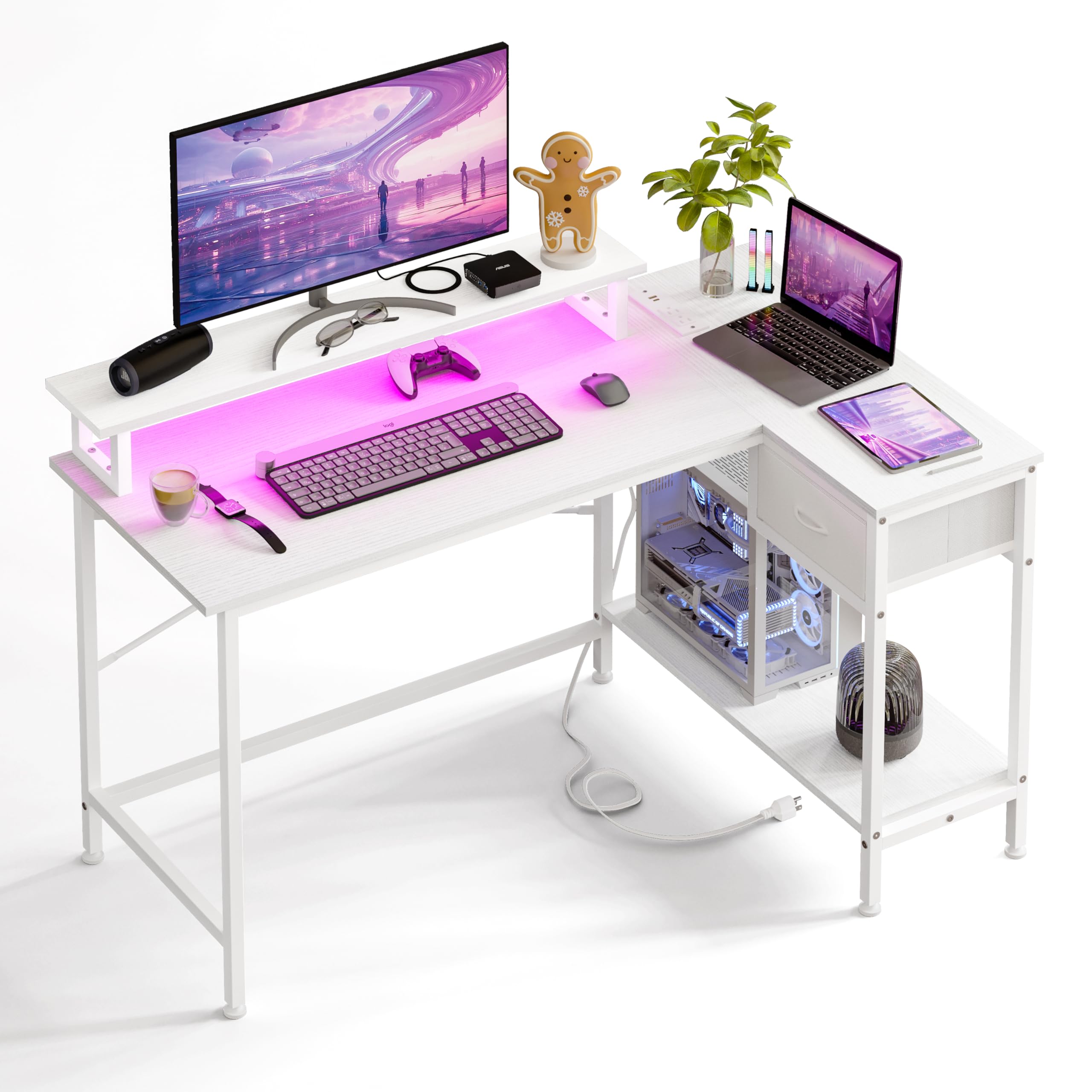 Fixwal Gaming Desk for Bedroom L Shaped Small Corner Computer Desk with Power Outlets and LED Lights, PC Desk, Home Office Desks with Drawer, Writing