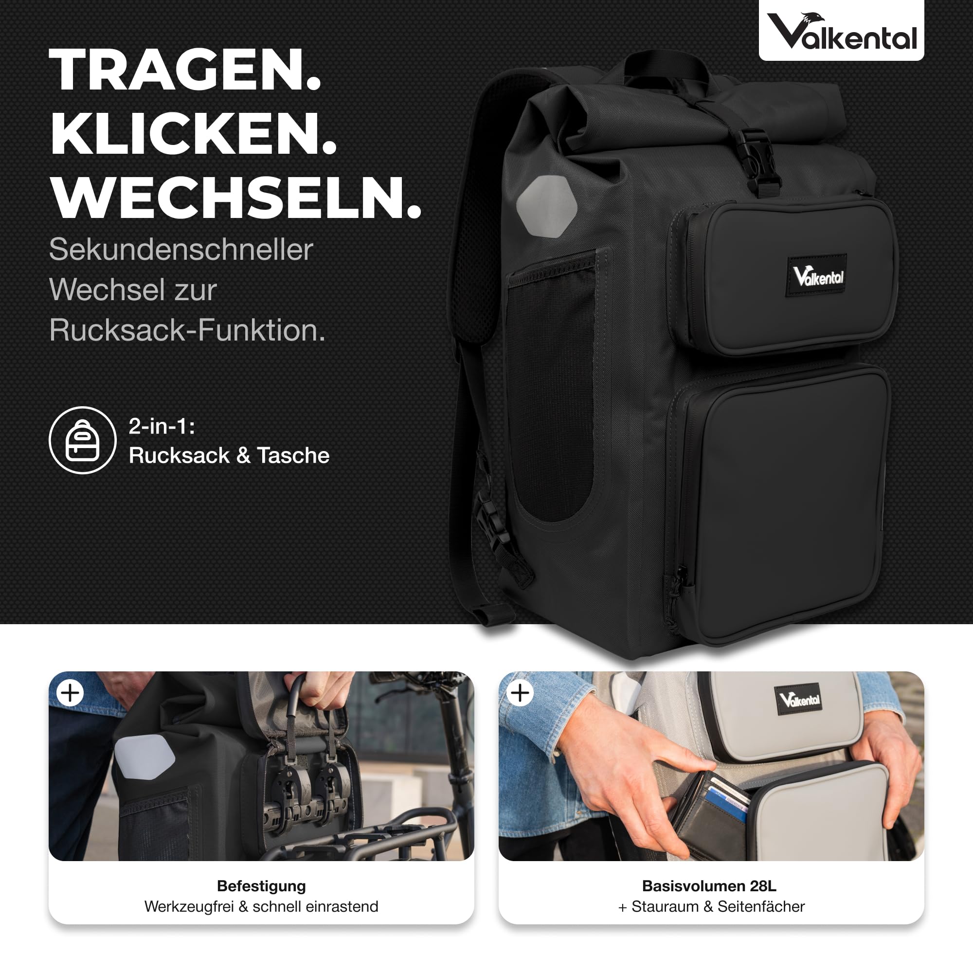 Valkental® UrbanX 2in1 Fahrradtasche & Rucksack kombiniert [28L Volumen] wasserdichte Gepäckträgertasche mit abschließbarer Befestigung – Elegante Radtasche & stylischer Rucksack – Geprüfte Qualität