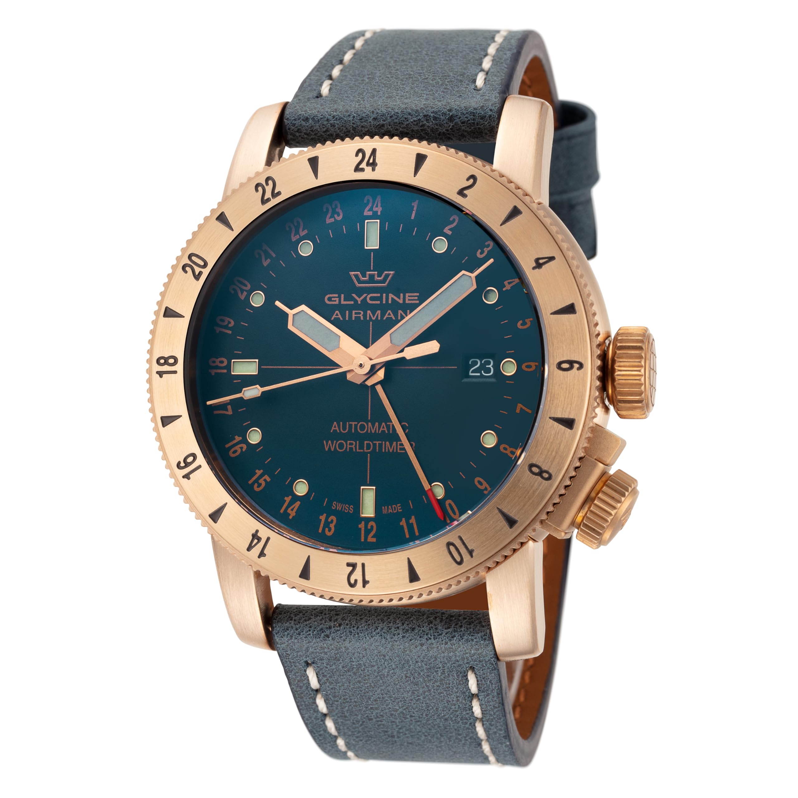 Glycine GL0167 Men's Airman 44 Bronze GMT Automatic 44mm Blue Leather Watch