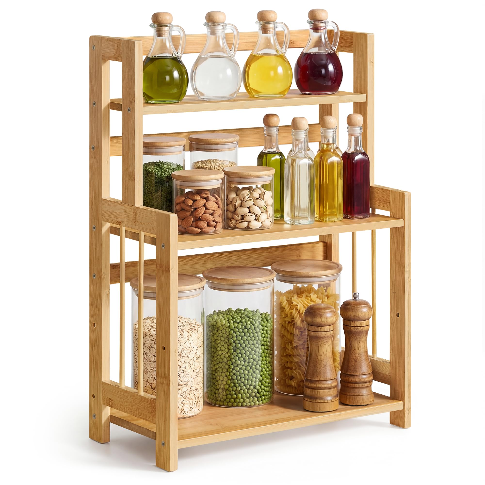 Songmics Natural Beige Spice Rack, 3-Tier Countertop Storage Shelf, Desktop Organiser With Bamboo Frame, For Kitchen, Dining Room, Office, Ofs047y101