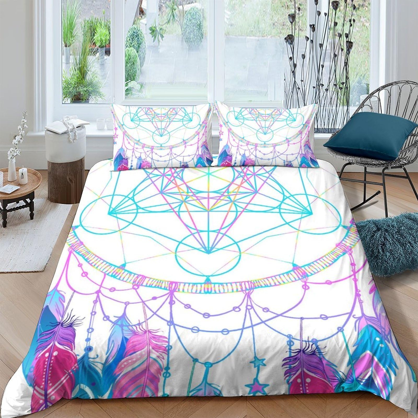GPLZQXKJNH 3D Printed Geometric Mandala Duvet Cover Set Microfiber Soft Breathable Abstract Pastel Bedding with 2 Pillowcases for Bedroom Decor Single（135x200cm）