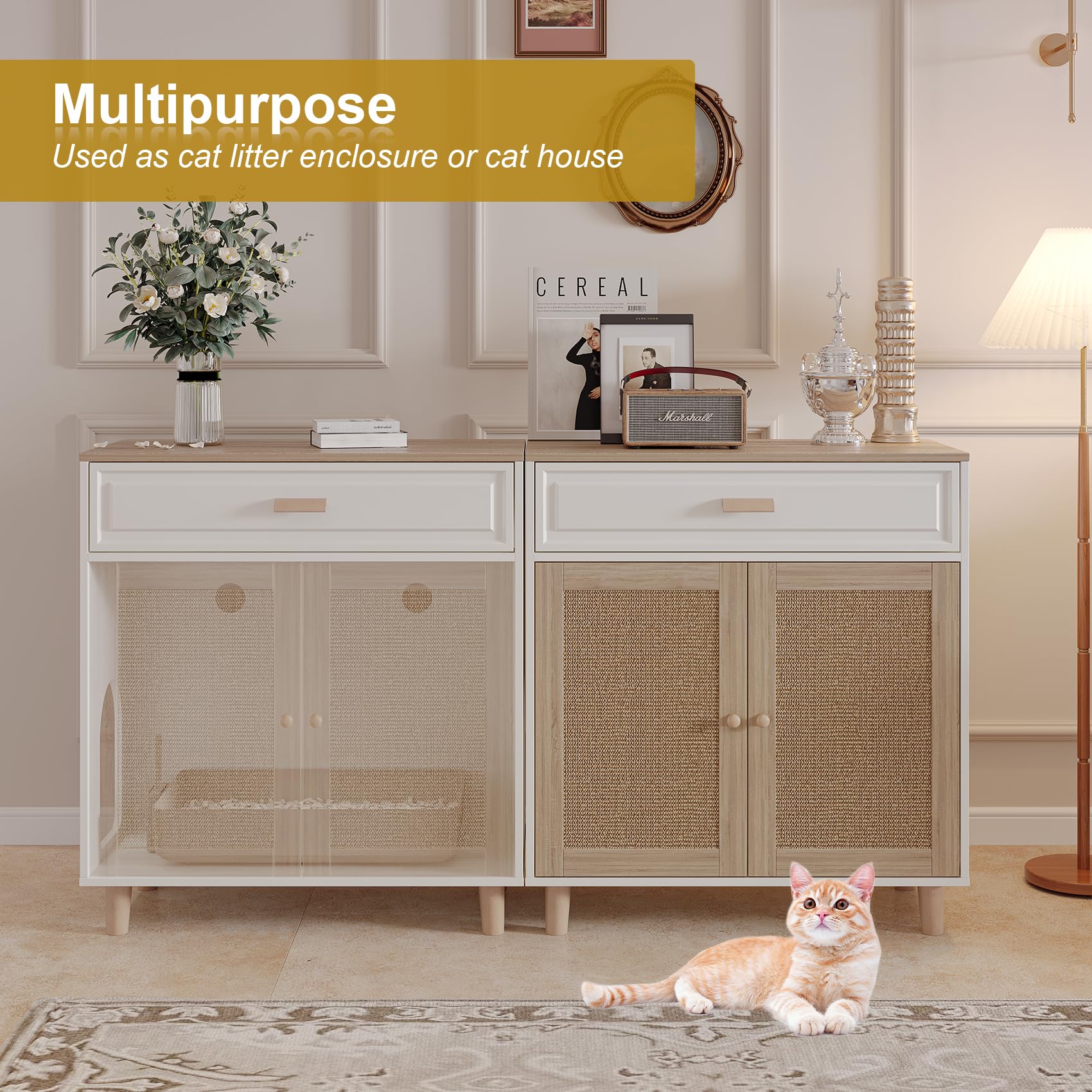 Cat Litter Box Enclosure Furniture Hidden Indoor 2-in-1 Wooden Cat House & Washroom Cabinet with Scratching Board Doors and Drawer, 31.5"x15.7"x34.6"H