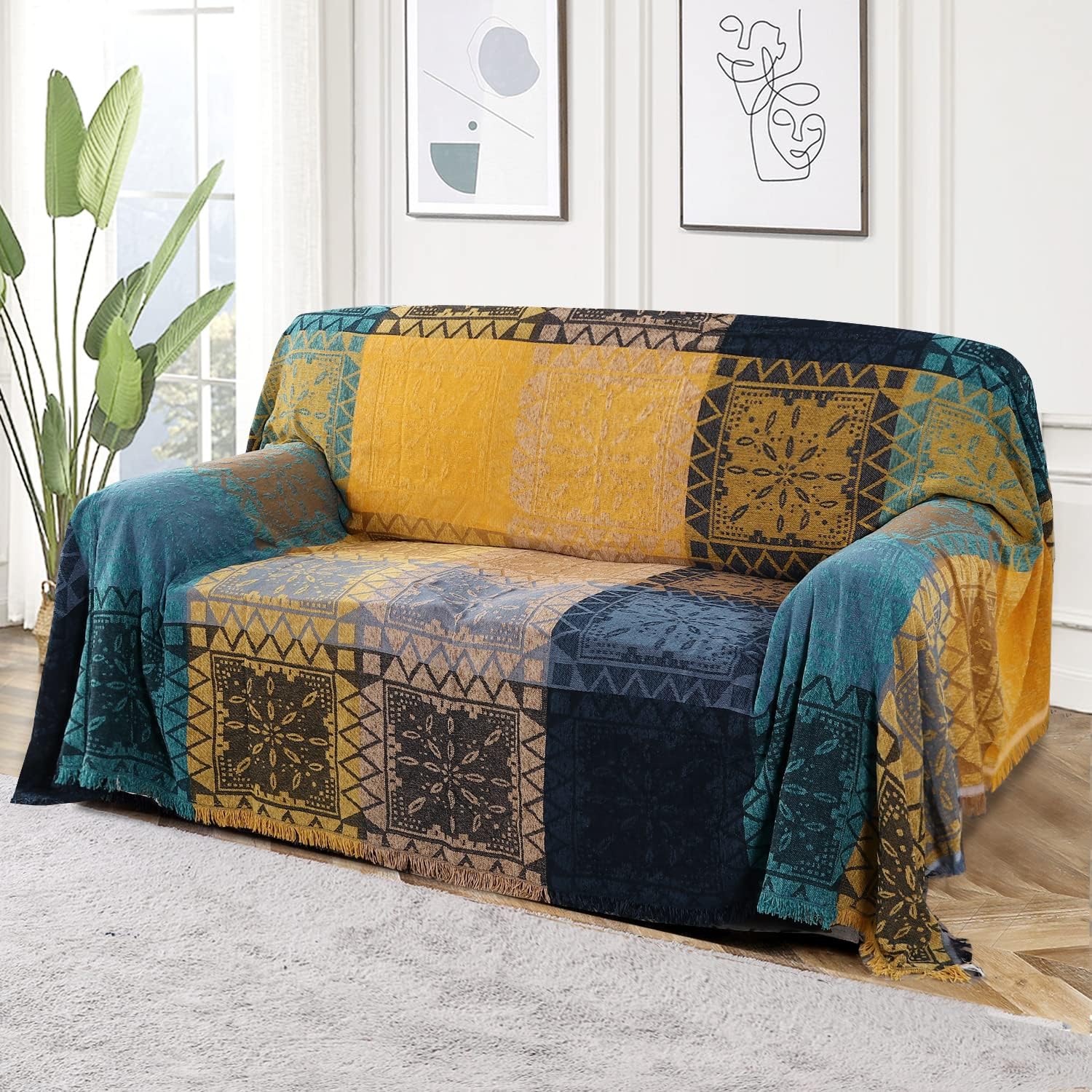 Turquoize Boho Couch Cover Bohemian Cotton Sofa Cover Sofa
