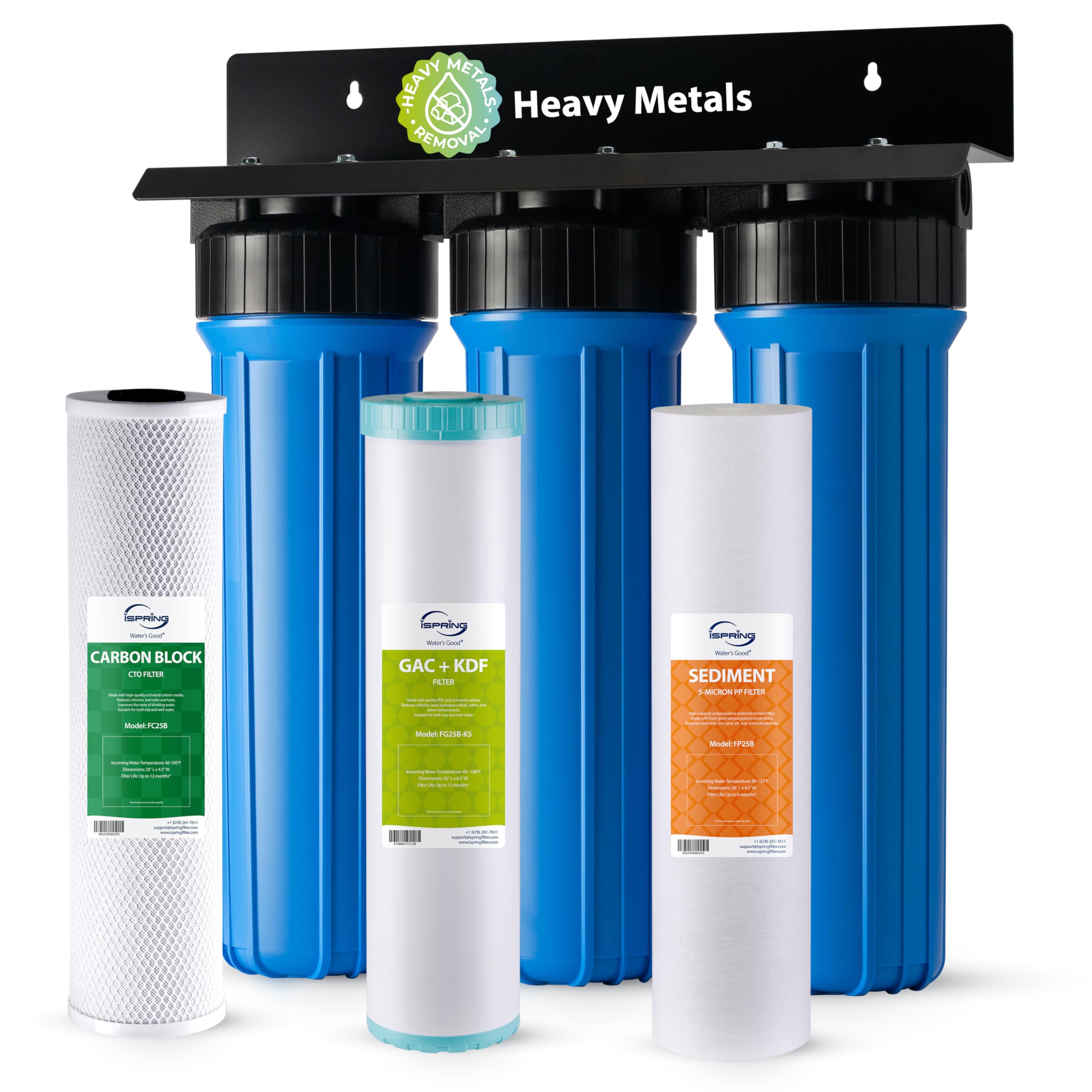 iSpringWhole House Water Filter System w/Sediment, KDF, and Carbon Water Filters, 3-Stage Whole House Water Filtration System, Heavy Metal Reducing, Model: WGB32B-KS