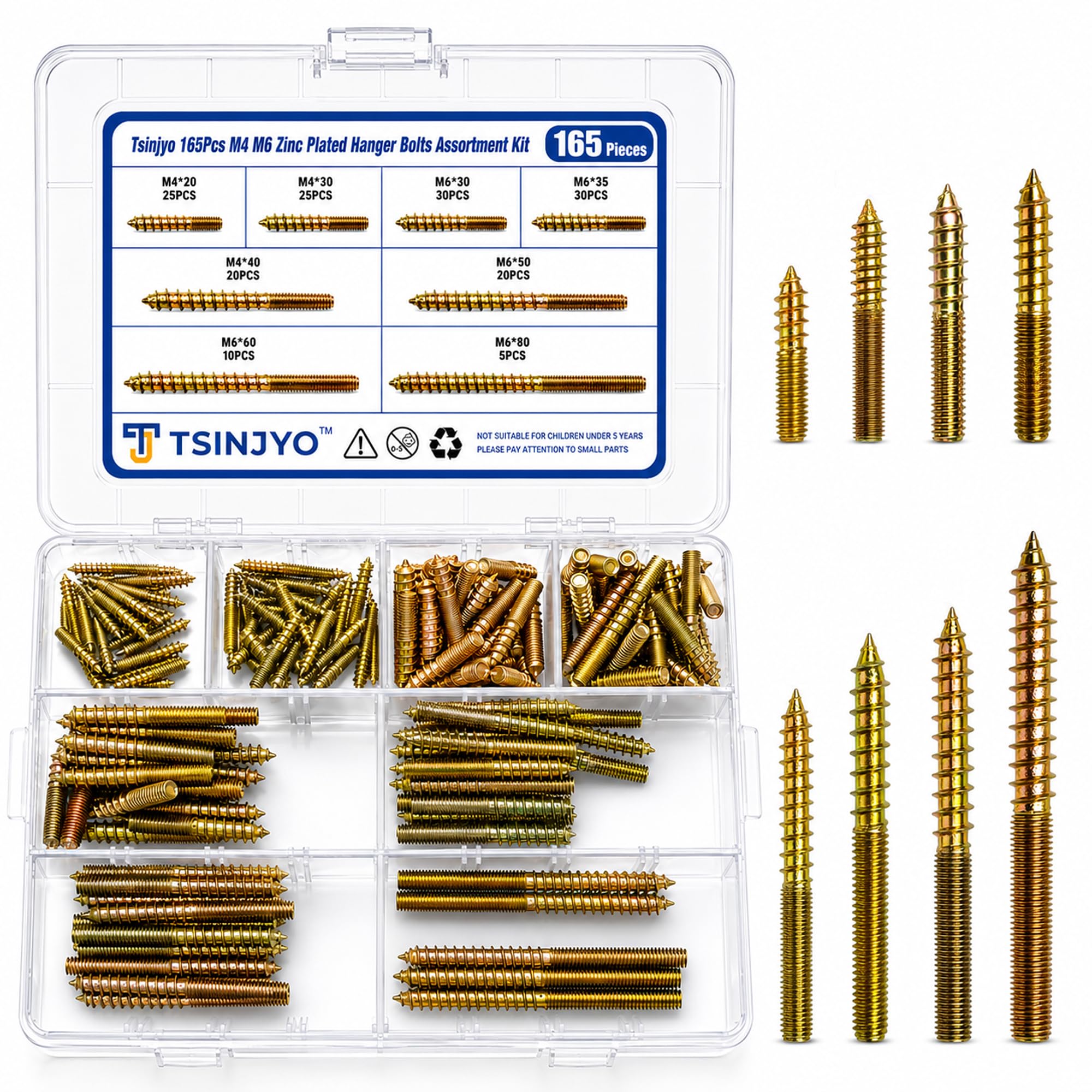 Tsinjyo 165Pcs M4 M6 Zinc Plated Hanger Bolts Assortment Kit, Double Headed Self-Tapping Thread Dowel Screws for Furniture Connecting & Fixing, Stair Post (20/30/35/40/60/80mm)