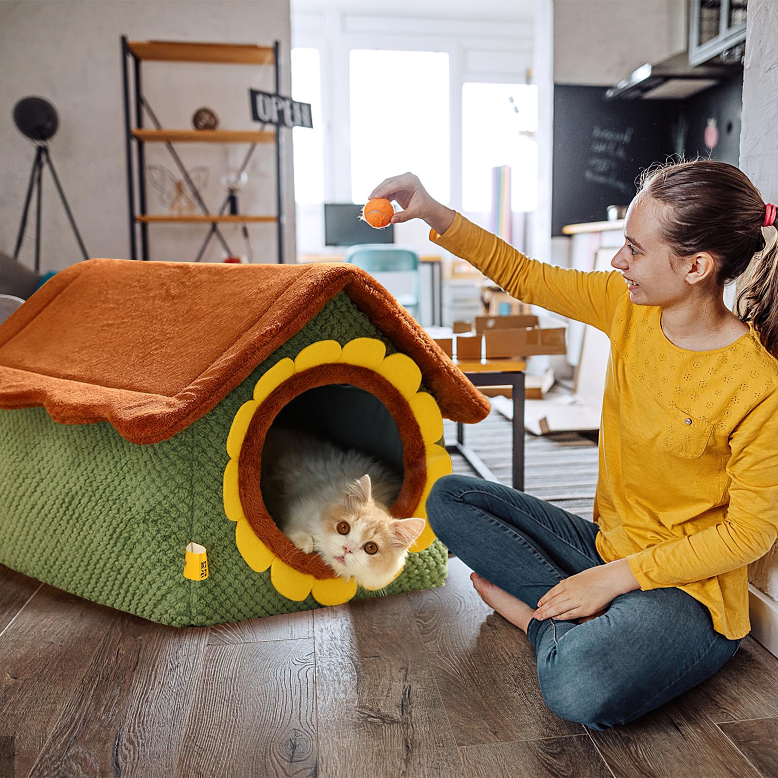 Cama cueva para gatos, casa para gatos de interior, cama suave y cálida para perros, bonita casa de gato de dibujos animados, cama para gatos con cojín lavable (S)