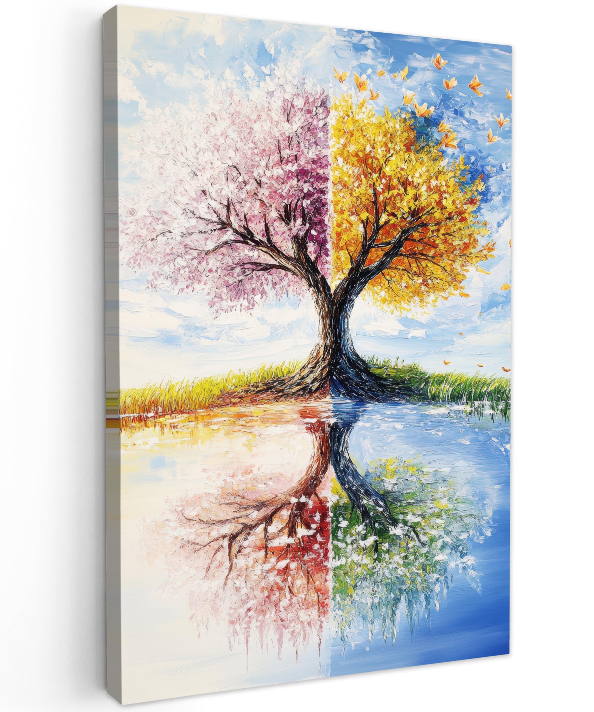 MuchoWow© Leinwandbild Groß 80x120 cm XXL Dekoration Wohnzimmer Bilder Pictures Wall Decoration Living Room Wohnungs Deko Moderne Bild Baum - Kunst - Jahreszeiten - Frühling - Herbst