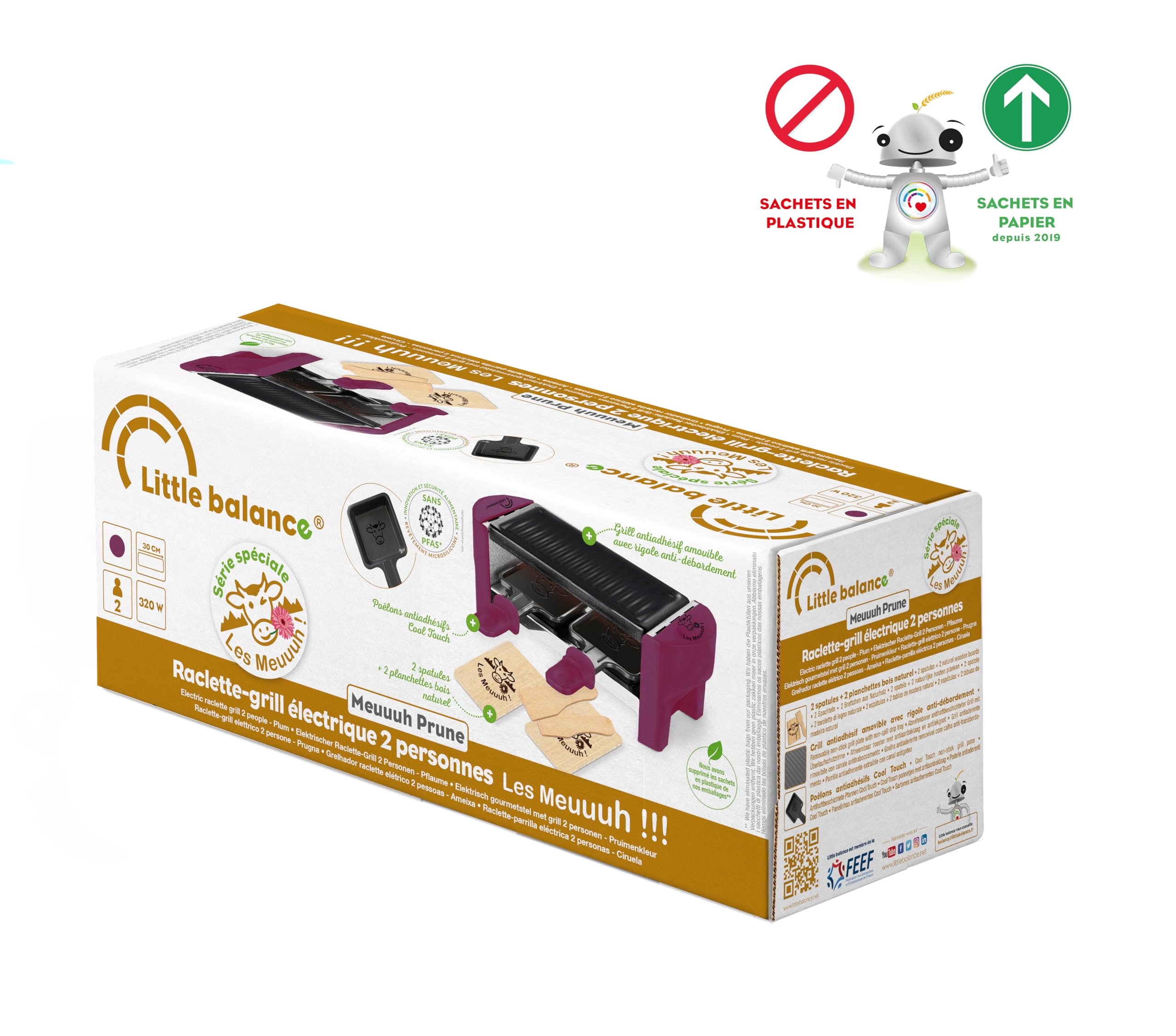 LITTLE BALANCE 8693 Raclette 2 Meuh…!, Raclette 1/2 persone, griglia rimovibile, 2 spatole + 2 tavole, rivestimento antiaderente, 1 o 2 persone, 320