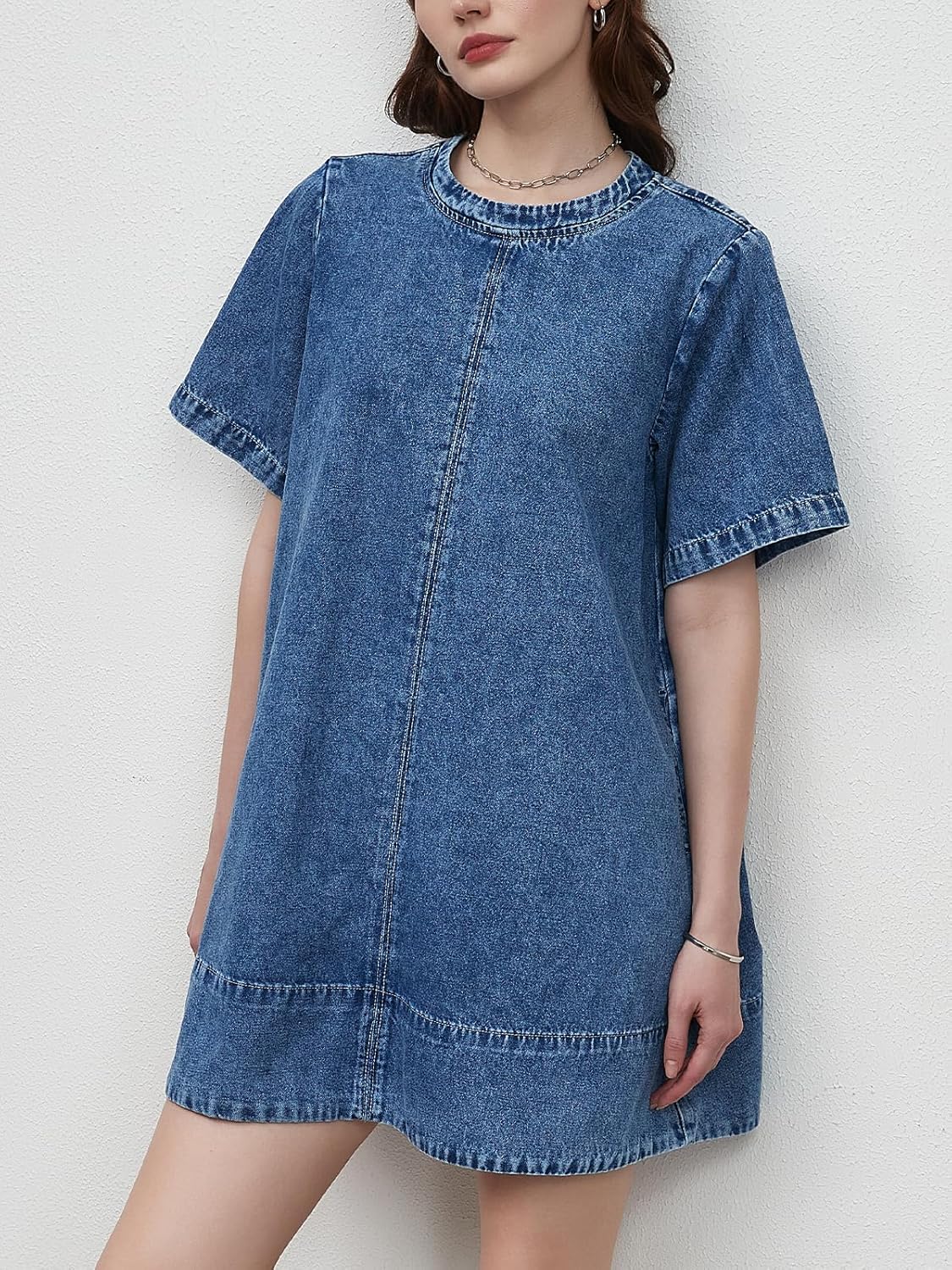 LifeShe Denim Dress for Women Summer Casual Short Sleeve Chambray Mini Jean Dresses with Pockets - Image 5
