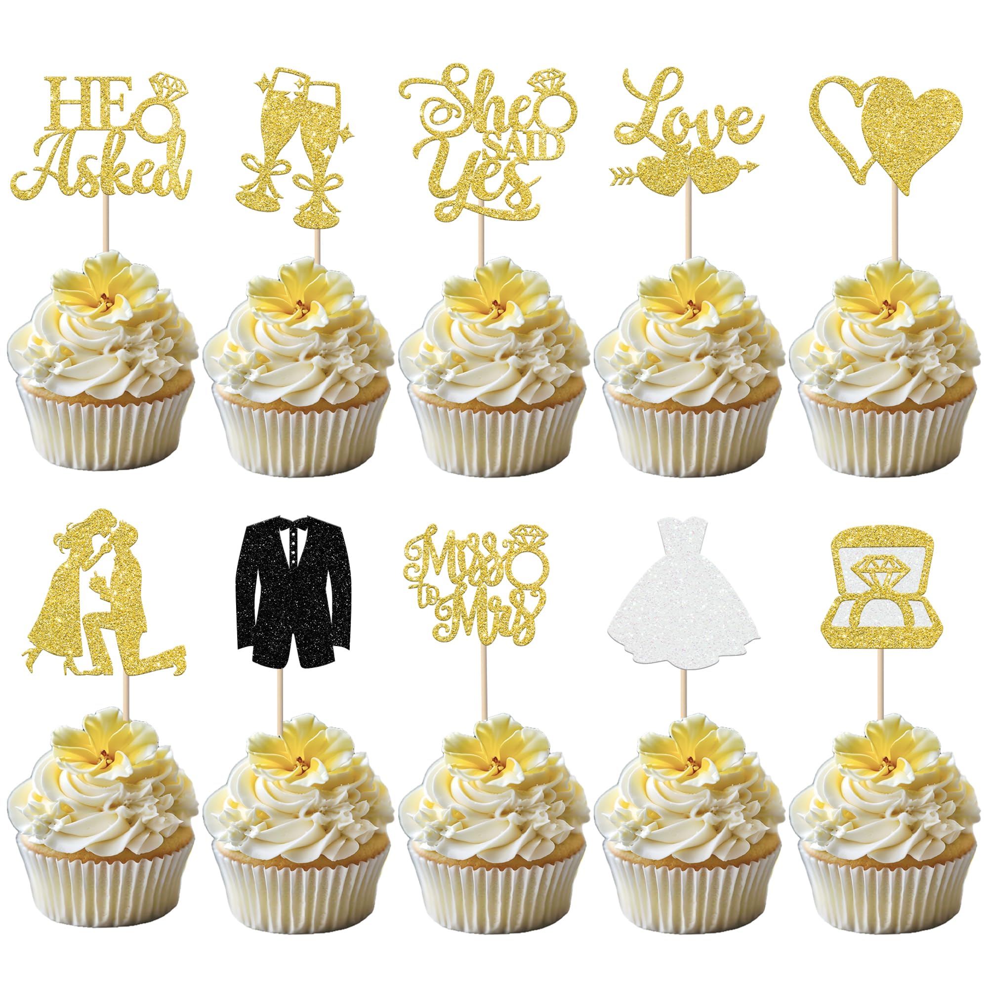 SYKYCTCY 30 Pack Bride to Be Cupcake Toppers Gold Glitter I Do Love Heart Ring Miss To Mrs Cupcake Picks Bridal Shower Cake Decorations for Wedding Engagement Bachelorette Party Supplies Gold