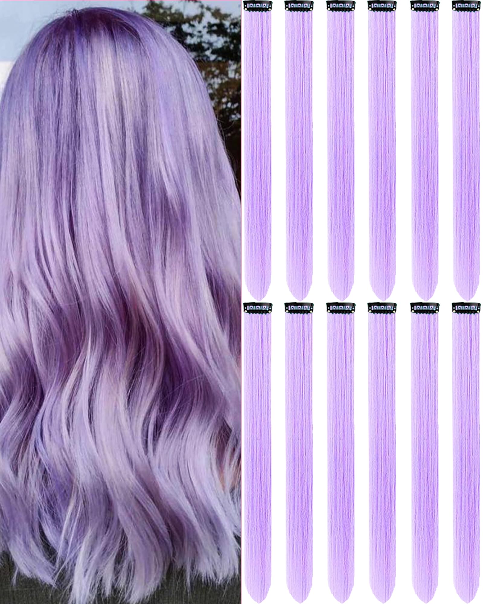 12 PCS Light Purple Hair Extensions Clip in, 20 Inch Colored Hair Extensions Party Highlights Long Straight Synthetic Hairpieces for Women Kids Girls Halloween Christmas Cosplay