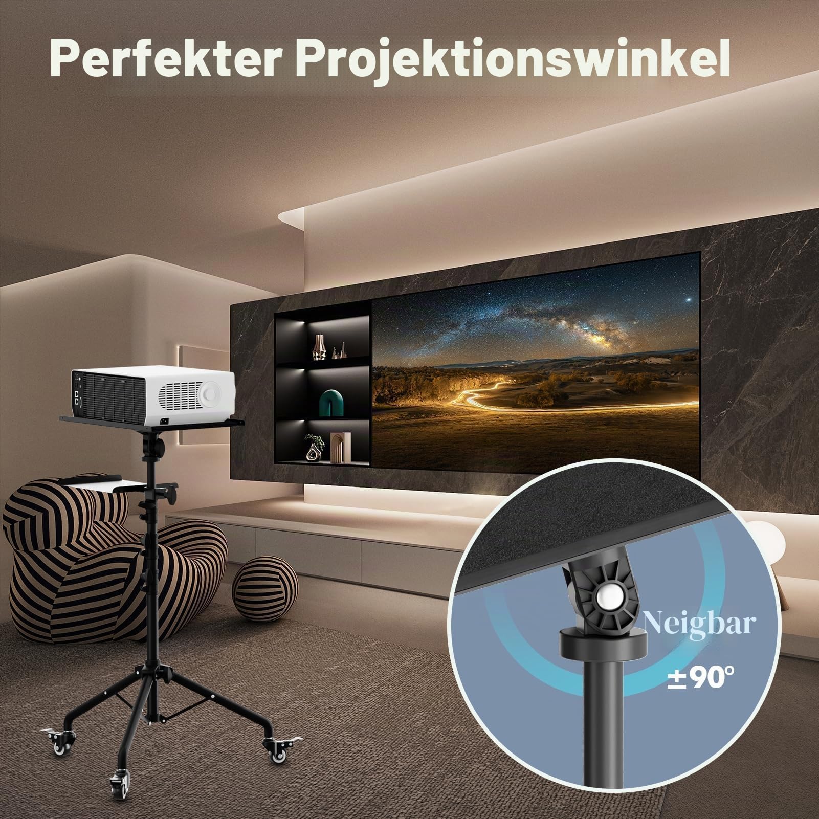 Beamer Ständer mit Rädern Multifunktionaler Projektorständer 66-124cm | Laptop Ständer, Höhenverstellbar 66-124cm, Platte und Handyhalterung, Tragbares Beamer Stativ, Büros, Privathaushalte
