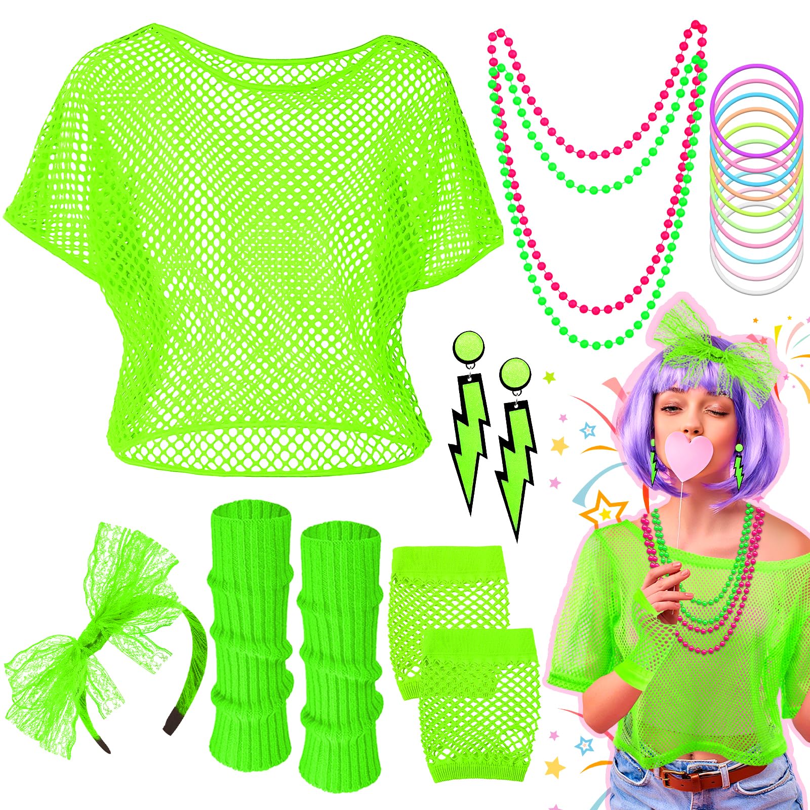 Shepinsky 80s Fancy Dress for Women,1980s Fancy Party Costumes Accessories Set,80s Outfits Neon Mesh T-Shirt,Leg Warmers Fishnet Gloves Headband Earrings Bracelets Necklaces for Retro Party Dress up