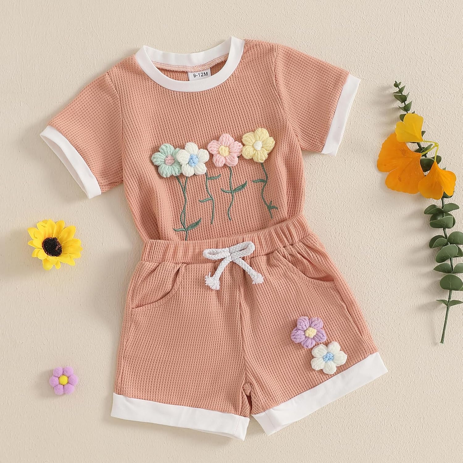 Giraropa Baby Girl Clothes Waffled Flower Outfits Short Sleeve Round Neck Tops Rib Knit Shorts Toddler Girl Summer Clothes - Image 3