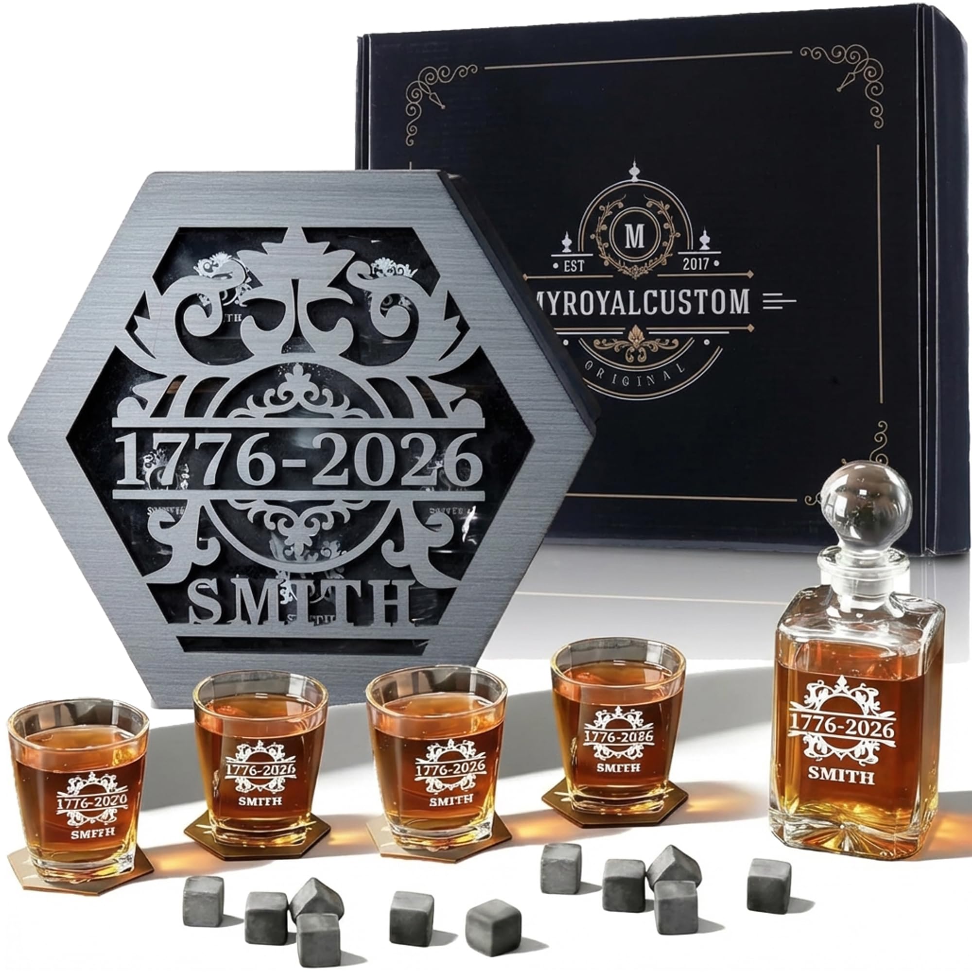 Personalized Whiskey Decanter and Glasses Set, 1776-2026 USA 250th Anniversary Decanter Set, Custom Name Year Whiskey Bottle Gift for Men, Father’s Day, Independence Day, Bourbon &amp; Scotch Gift Set