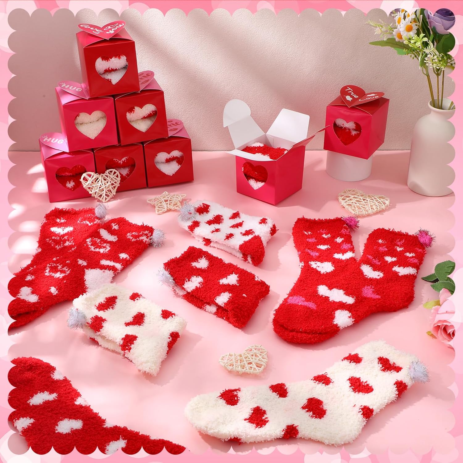 24 Sets Valentine Fuzzy Socks Bulk with Heart Gift Boxes Valentines Day Gifts Socks for Coworkers Employees Party