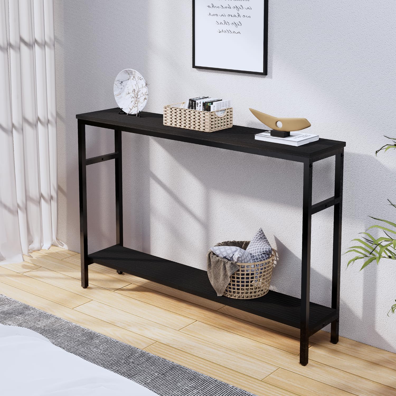 Mesa consola estrecha, mesa de sofá de 47 pulgadas con estante ajustable, mesa delgada de 2 niveles para pasillo, entrada, sala de estar, vestíbulo, color negro 8