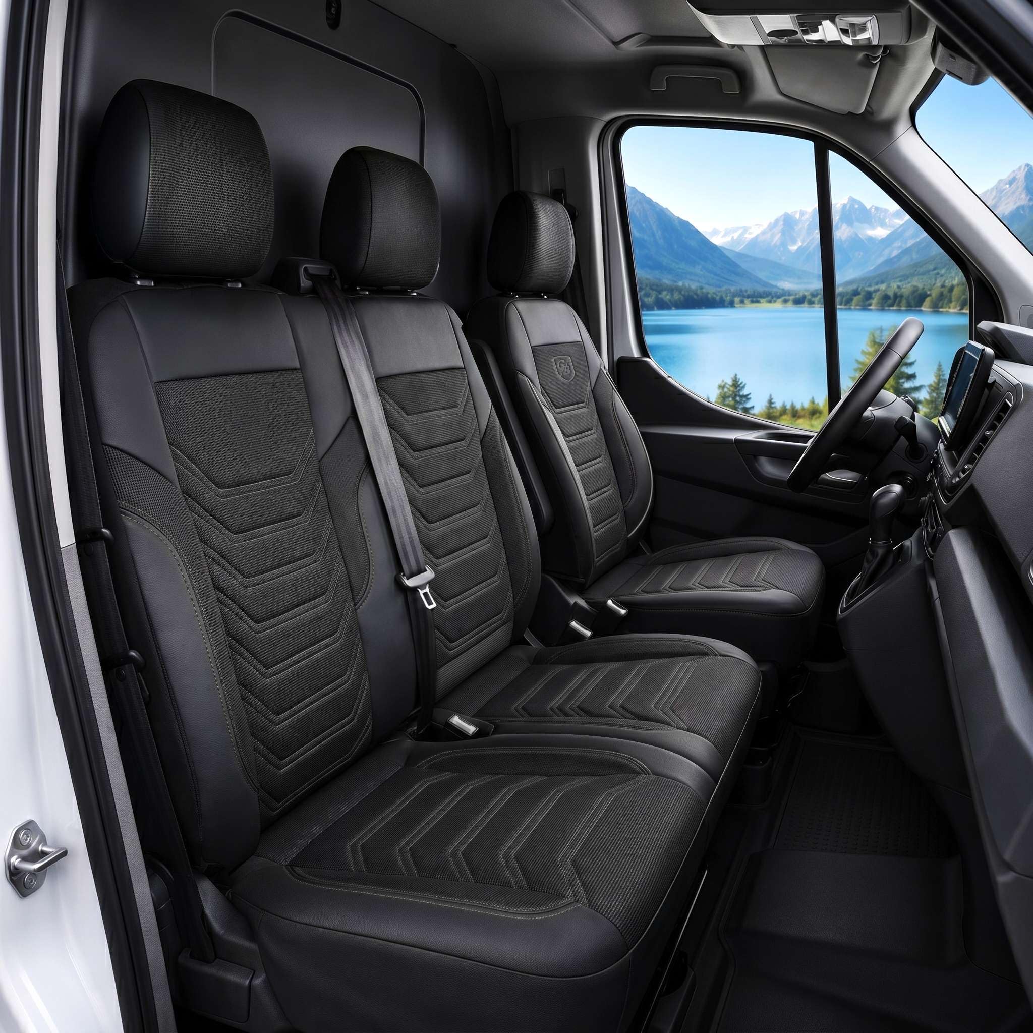 Autositzbezüge 2+1 für Volkswagen Crafter 2 / MAN TGE 2017-2026 - Vordersitze Auto Sitzbezug aus Piqué-Stoff, Vordersitz-Set mit Montageset Rechter Beifahrersitz geteilt, Schwarz-Grau