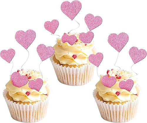 Rsstarxi Paquete de 40 adornos para magdalenas de corazón con purpurina para el día de San Valentín temática de boda compromiso despedida de soltera