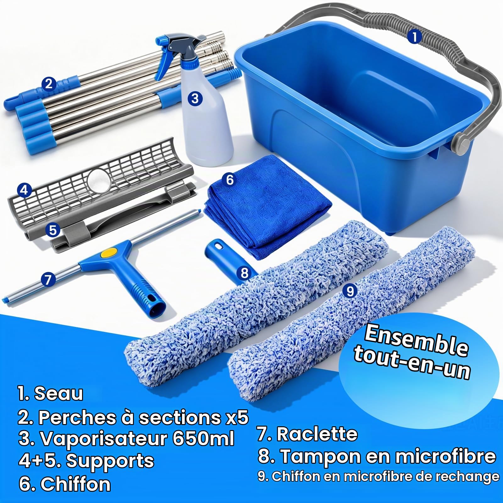 ddLUCK Kit Nettoyage vitre Professionnel avec Seau pour Hauteur Lavage | Outil de Nettoyage avec Manche de 2M, Raclette en Silicone, 2Pcs Chiffon Nettoyage Microfibre, Flacon Pulvérisateur, Chiffon