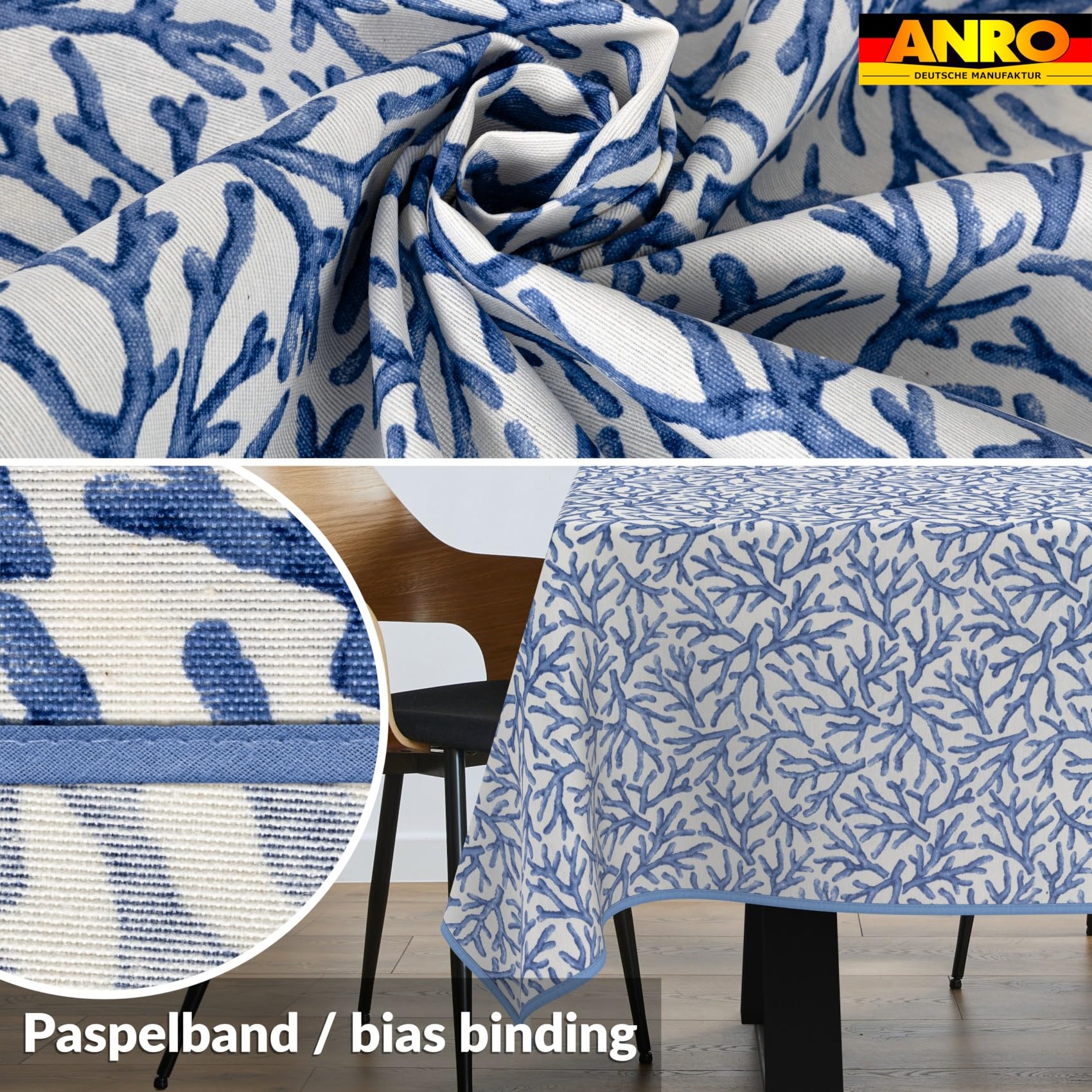 ANRO Tischdecke abwaschbar Koralle Blau mit Saum 220x140 cm In-/Outdoor