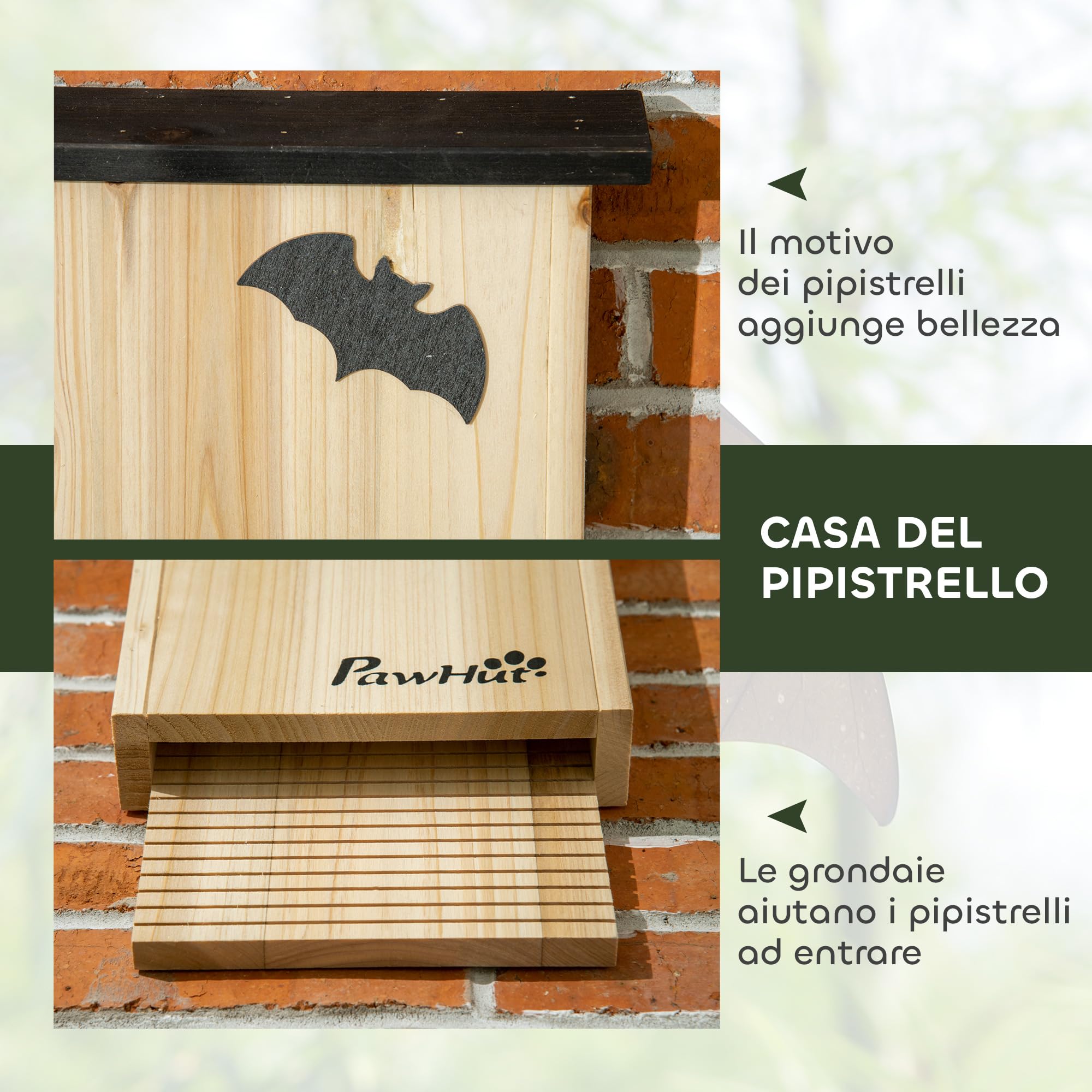 PawHut Set di 3 Casette per Pipistrelli in Legno di Abete, Rifugio per Pipistrellini per Giardino ed Esterni, Bat Box Facile da Appendere, 25x6x37.5 cm, Legno Naturale