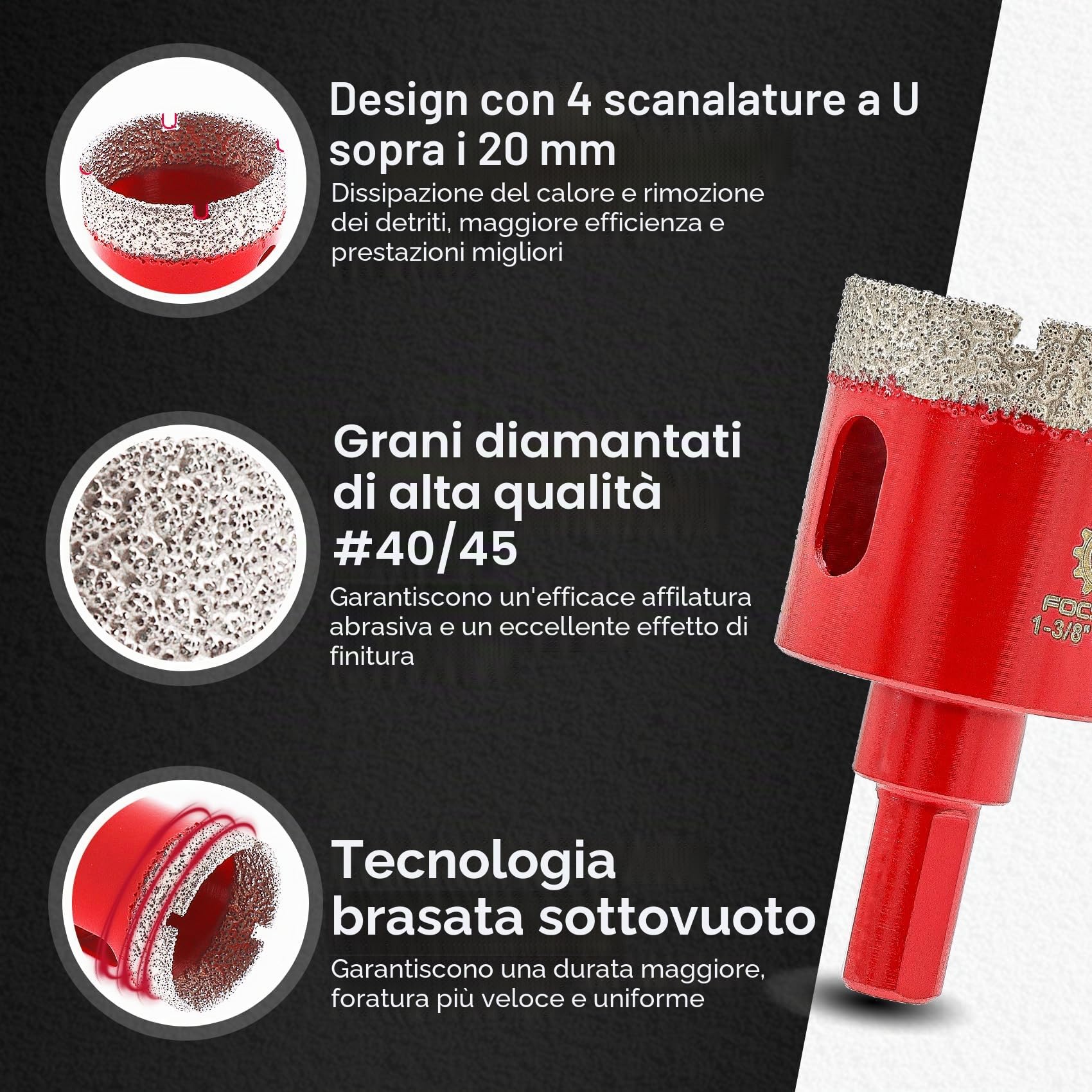 FOCSTOL Punte per Trapano Diamantate - 11 pezzi (6/6/8/10/20/25/32/35/45/50/65mm) con Gambo Triangolare per Porcellanato Piastrelle Ceramica Marmo Granito
