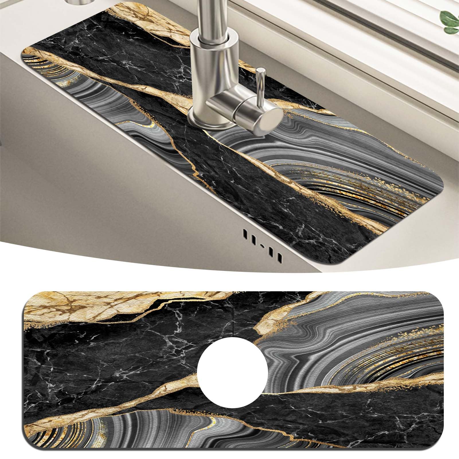 MCALK Marble Black Kitchen Sink Faucet Mat Splash Guard, Absorbent Quick-Dry Kitchen Sink Mat - Ideal for Splash Guard & Drip Catching with Modern Art Decor( 1pc 15"x5.5")