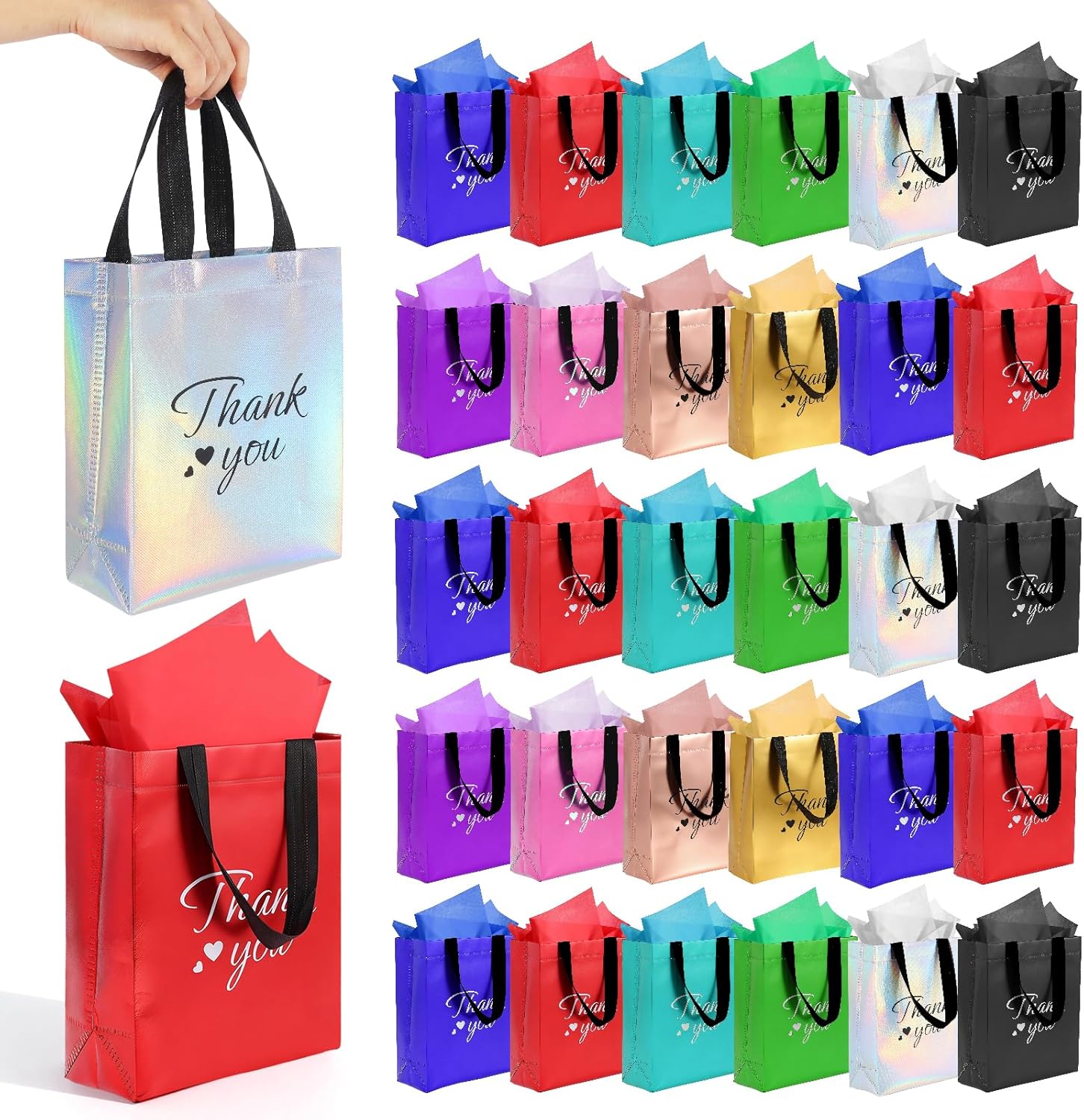 60 Pcs Reusable Gift Bags with Handles Set (10 x 8 x 4 Inch), Include 30 Thank You Bag & Tissue Paper, Medium Colorful Gift Bag Bulk for Birthday, Baby Shower, Bridal Shower, Wedding, Party & Events