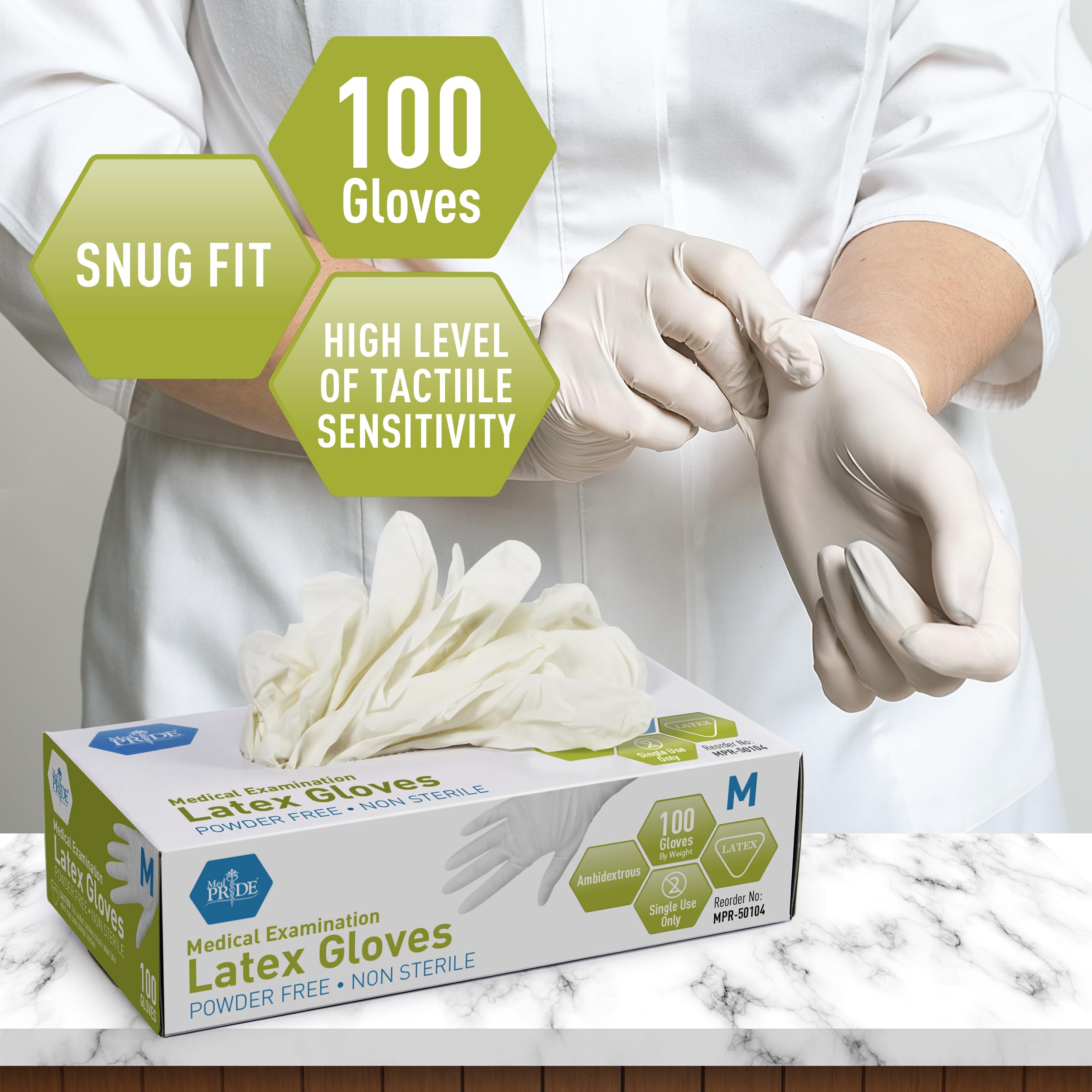 MED PRIDE Guantes de látex examen médico | 5 mil de espesor | sin polvo, no estériles, tarea pesada guantes de examen | grado profesional para hospitales, aplicación de la ley medio / 100