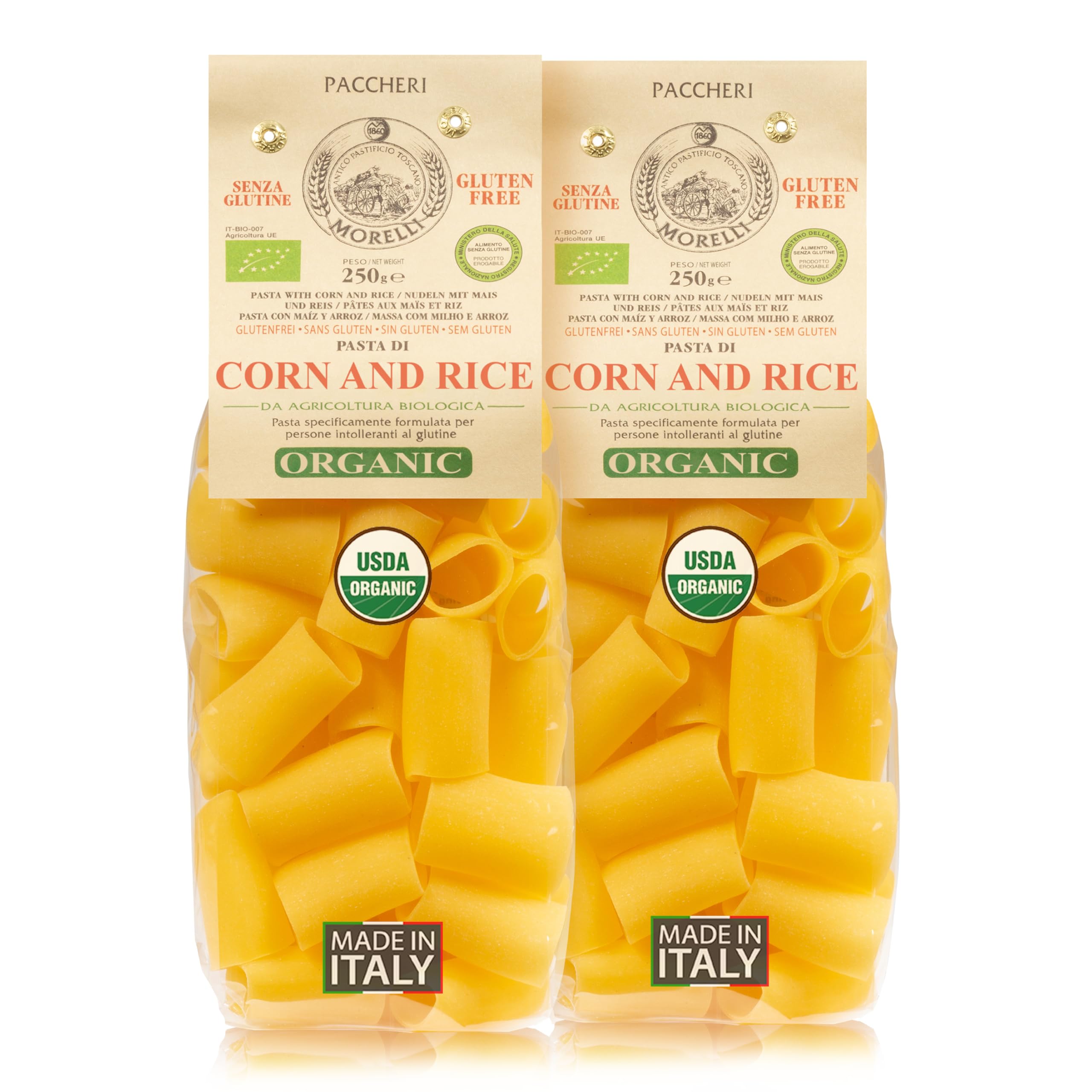 Morelli Organic Gluten-Free Pasta, Paccheri - Italian Gourmet, Organic, Large Circle Tube, Made from Corn and Rice, Imported Pasta from Italy - 8.8 oz