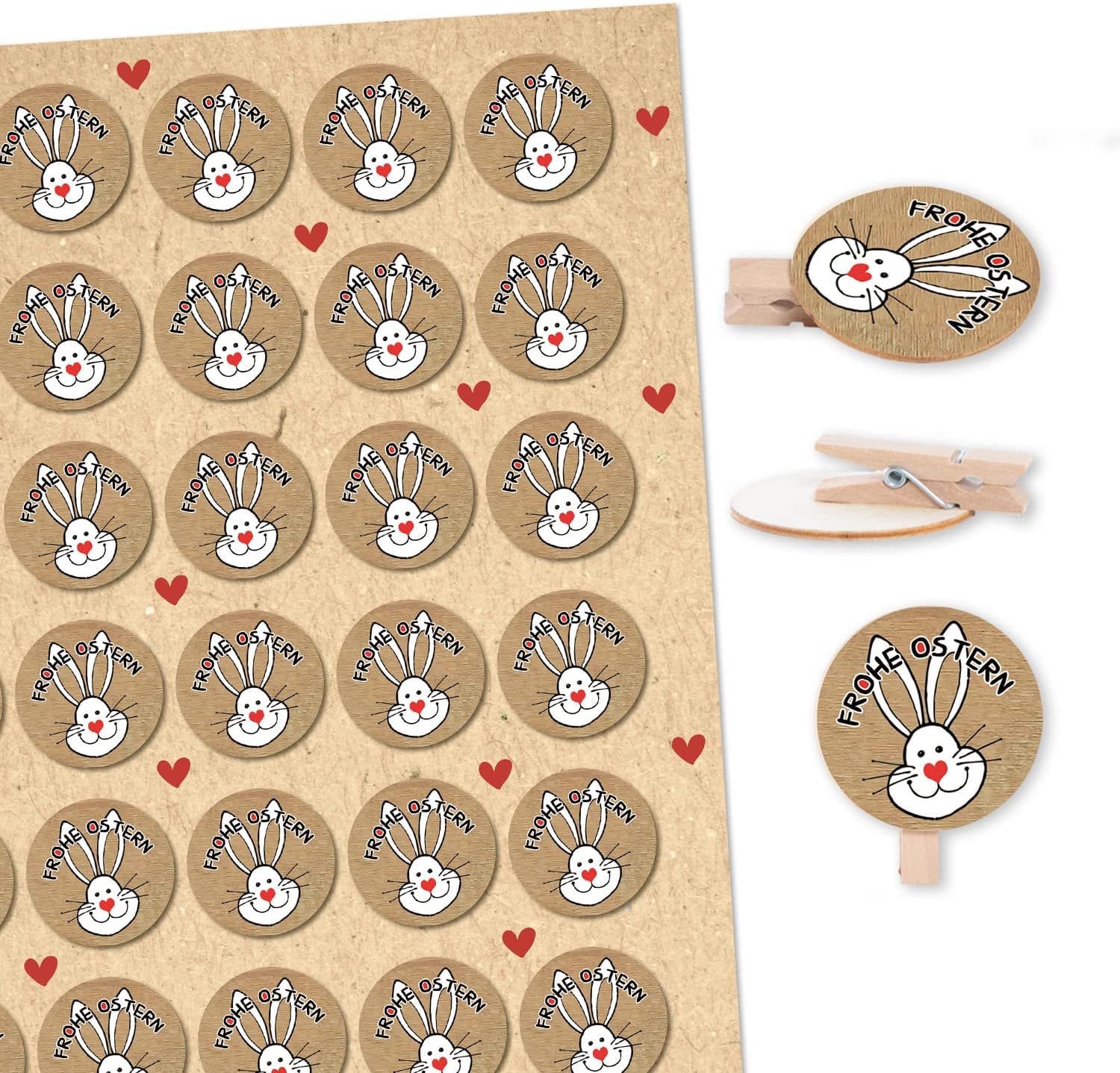 Logbuch-Verlag 35 Mini Holzklammern + Osteraufkleber mit Osterhase FROHE OSTERN - Osterdeko Verzierung Osterverpackung Osternest Osterklammer