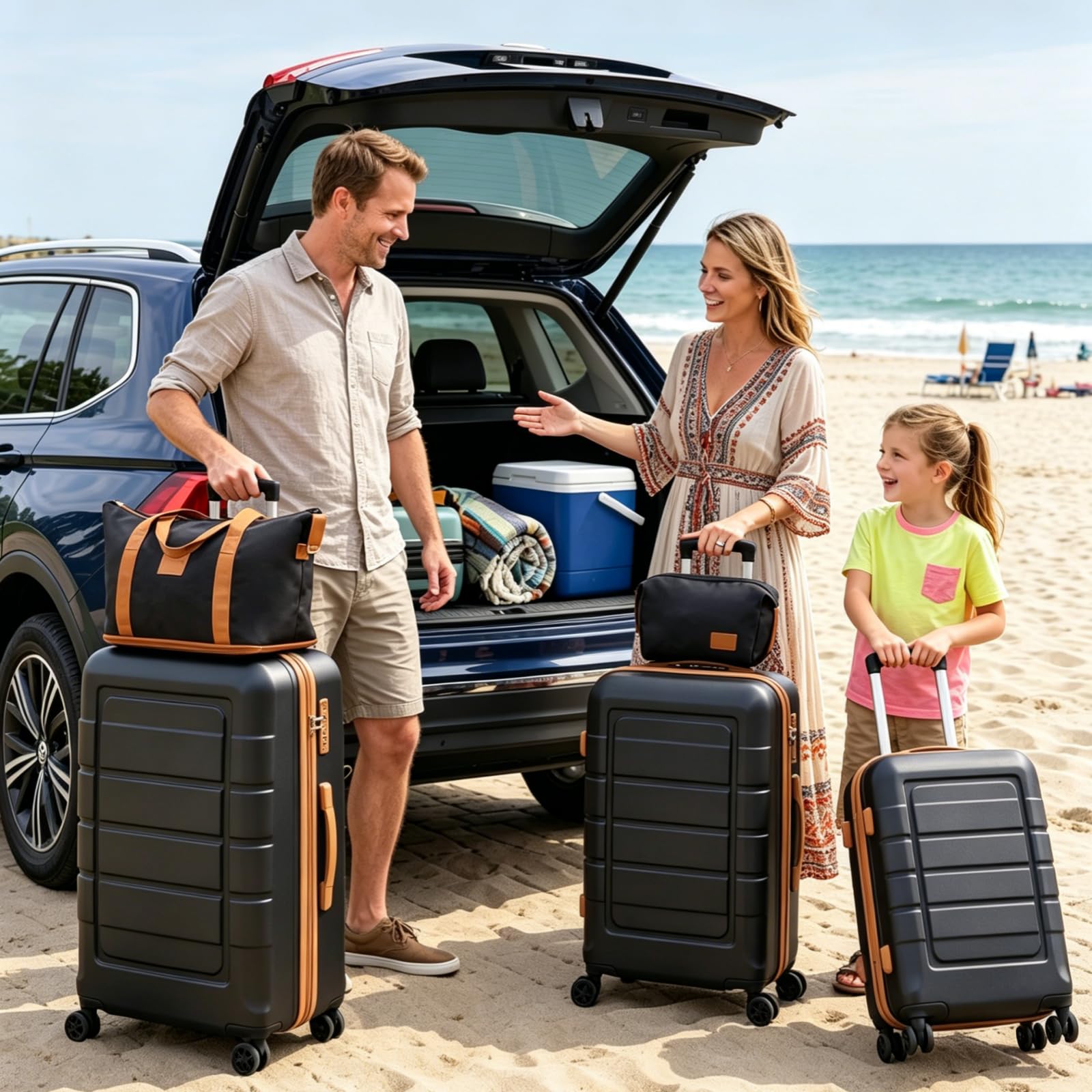 LIFEZEAL Set di Valigie da 5 Pezzi, Set Trolley da Cabina con 3 Valigie Rigide in ABS (28”/24”/20”), 1 Borsa da Viaggio e 1 Borsetta, Lucchetto a Codice, Ruote Girevoli e Manico Telescopico (Nero)